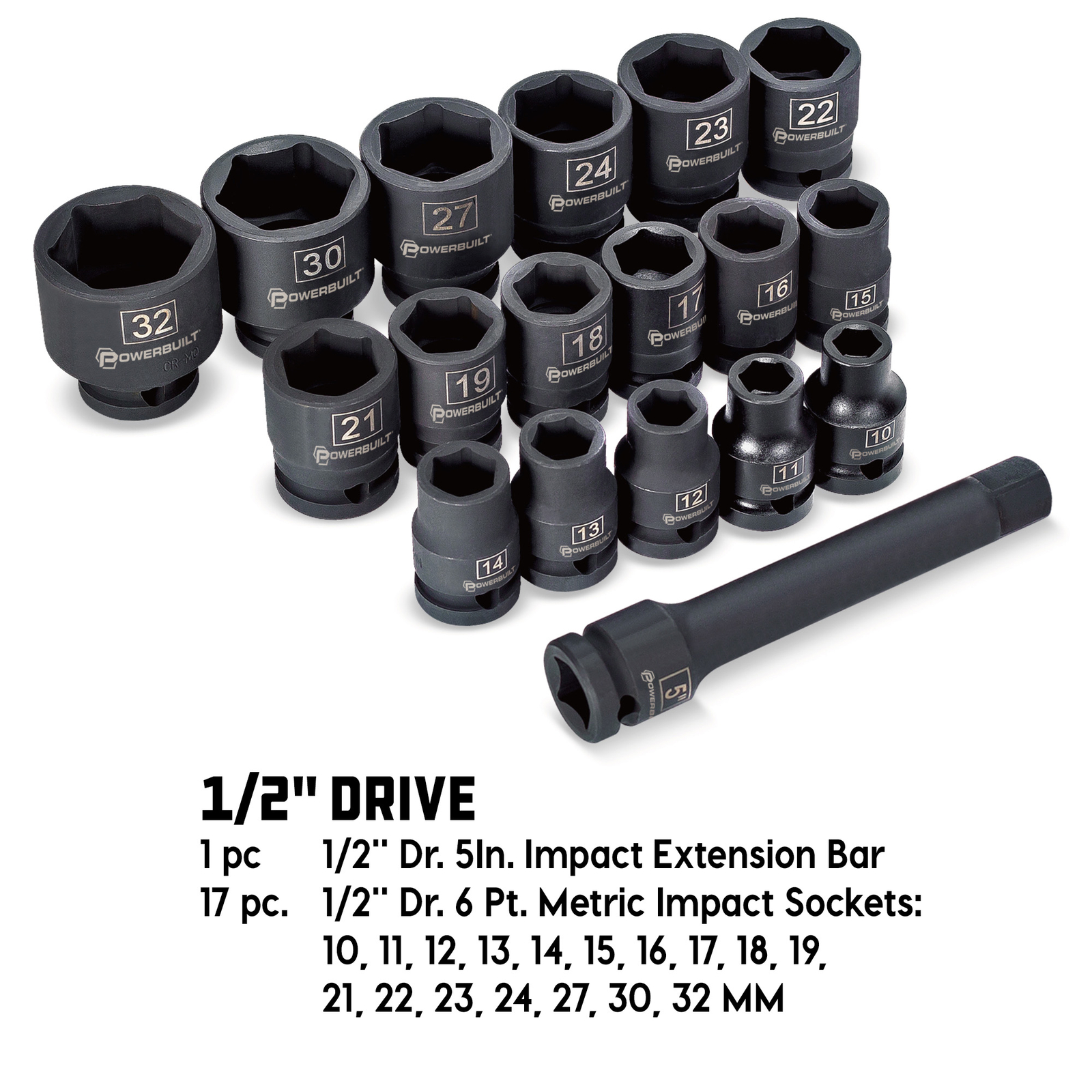 Powerbuilt 18 Piece 1/2 Inch Drive 6 Point Metric Impact Socket Set – 940838