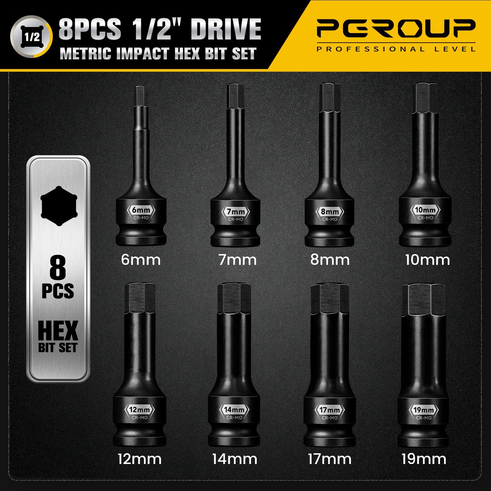 8 PCS 1/2 Inch Drive Allen Impact Socket Set, Metric Hex Socket 6 mm to 19 mm,
