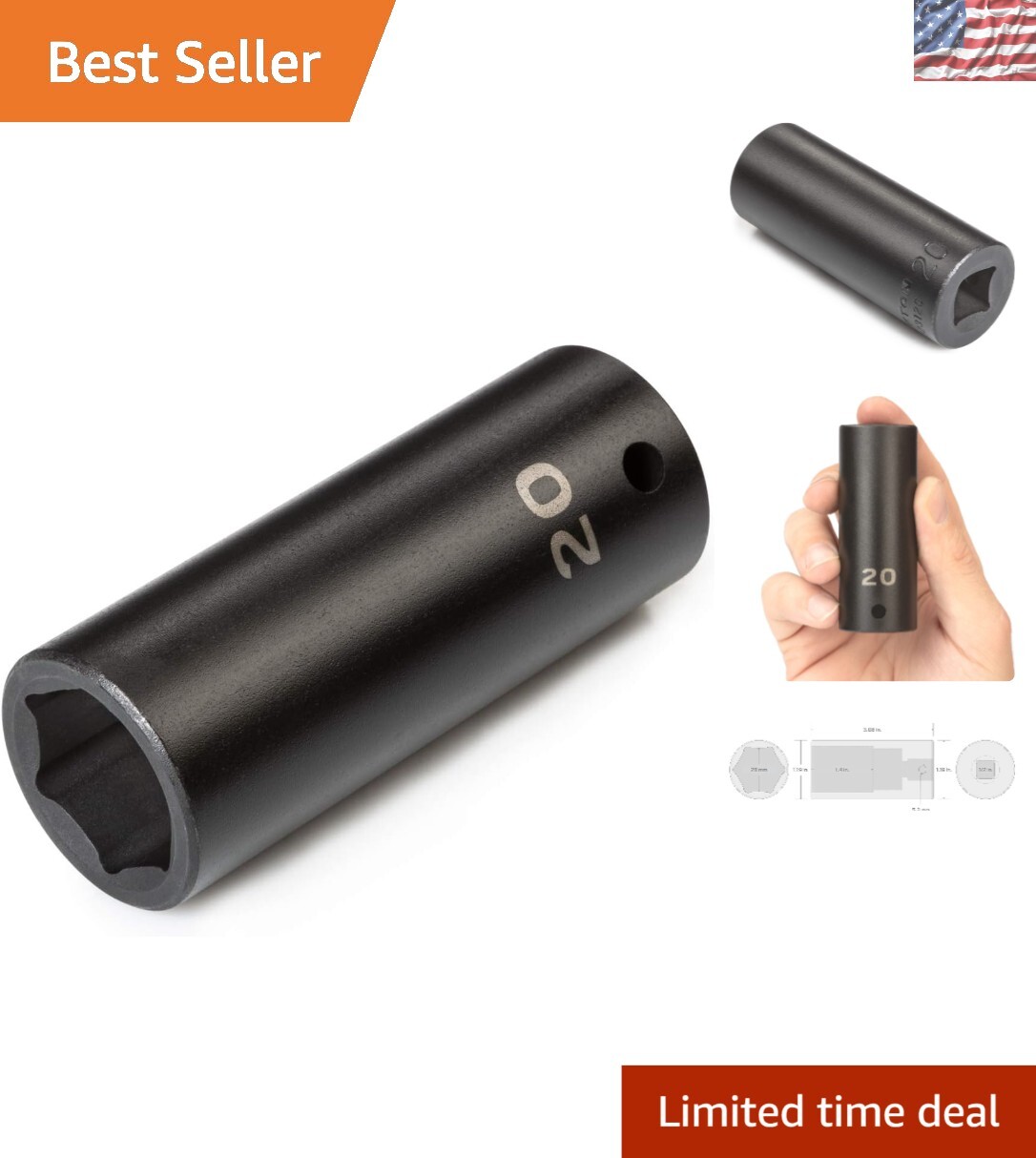 Premium 1/2″ Drive 20 mm Deep 6-Point Impact Socket – Manganese Phosphate Finish