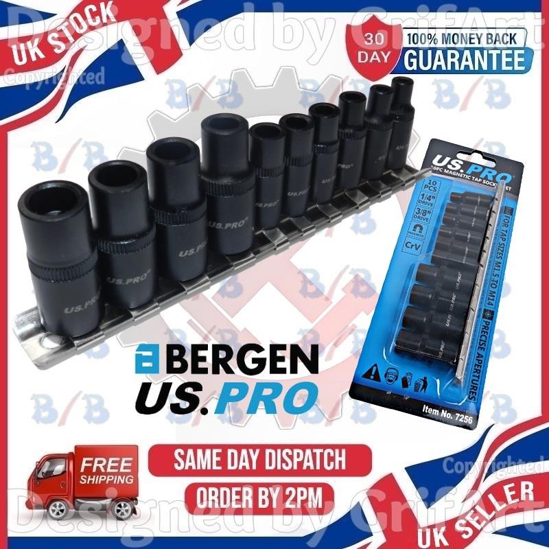 US PRO 10PC MAGNETIC TAP SOCKET SET 1/4″ 3/8″ DRIVE TAP HOLDERS M1.5 TO M14