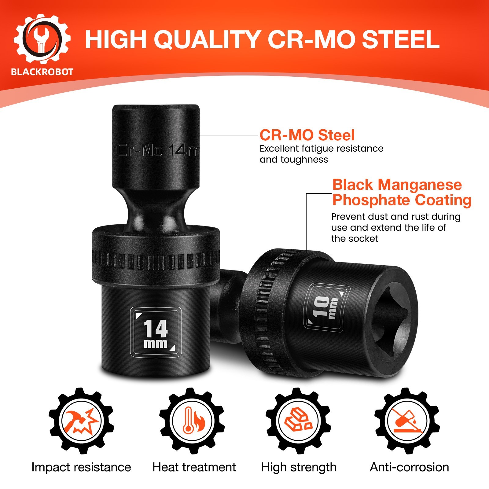 1/2″ Drive Swivel Socket Set, 10-Pcs Metric Size (10-19mm), Shallow Socket Set