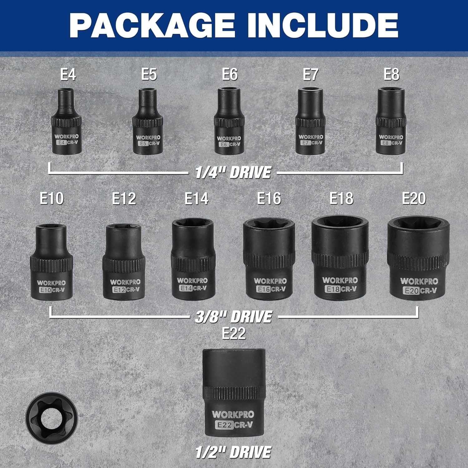 25-Piece Torx Socket Set Alloy Steel 1/4 3/8 1/2 Drive E4-E22 T8-T60 Tools