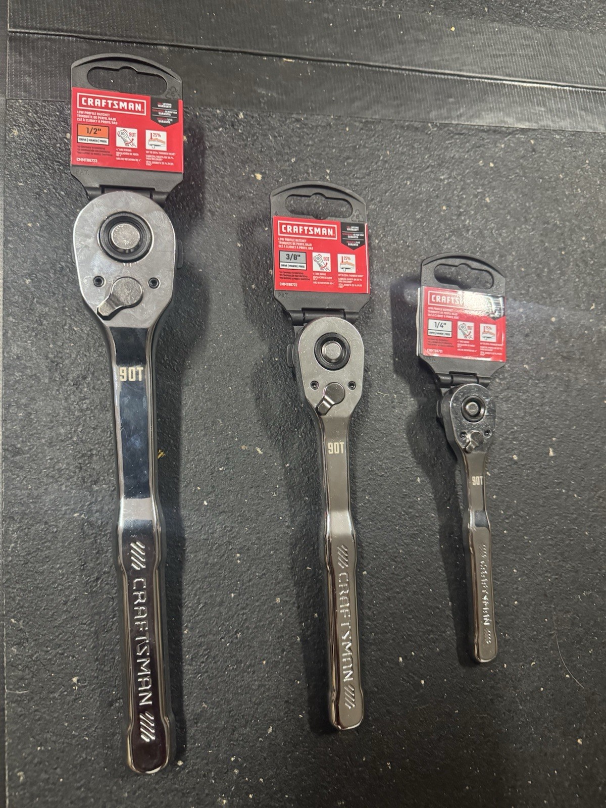Craftsman 90 Tooth Ratchet Set. 1/4”, 3/8”, And 1/2” Low Profile. Lifetime