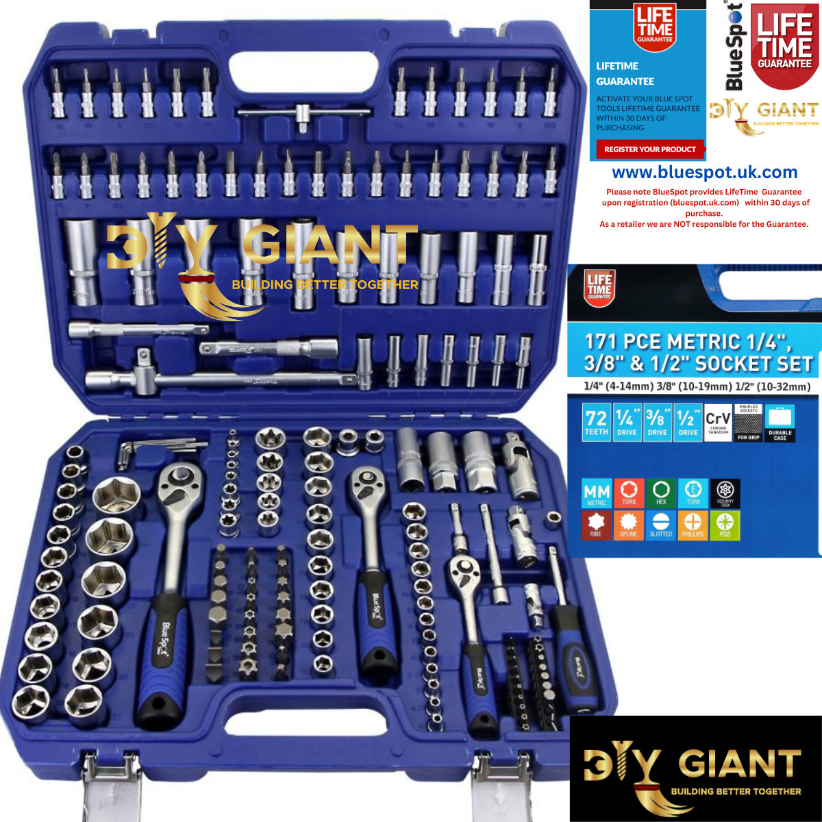 171 Pc Metric Socket Set 4mm-32mm 6 Point 1/4″ & 3/8″ & 1/2″ Drive Ratchet Set
