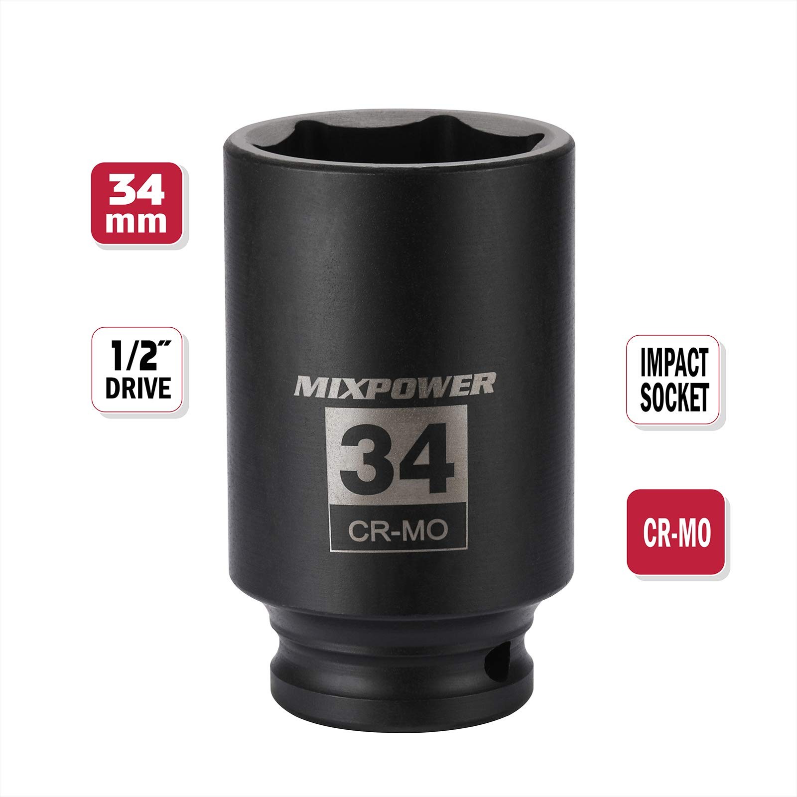 1/2″ Drive Deep Impact Socket, CR-MO, 34 mm, METRIC, 6 Point, 34mm