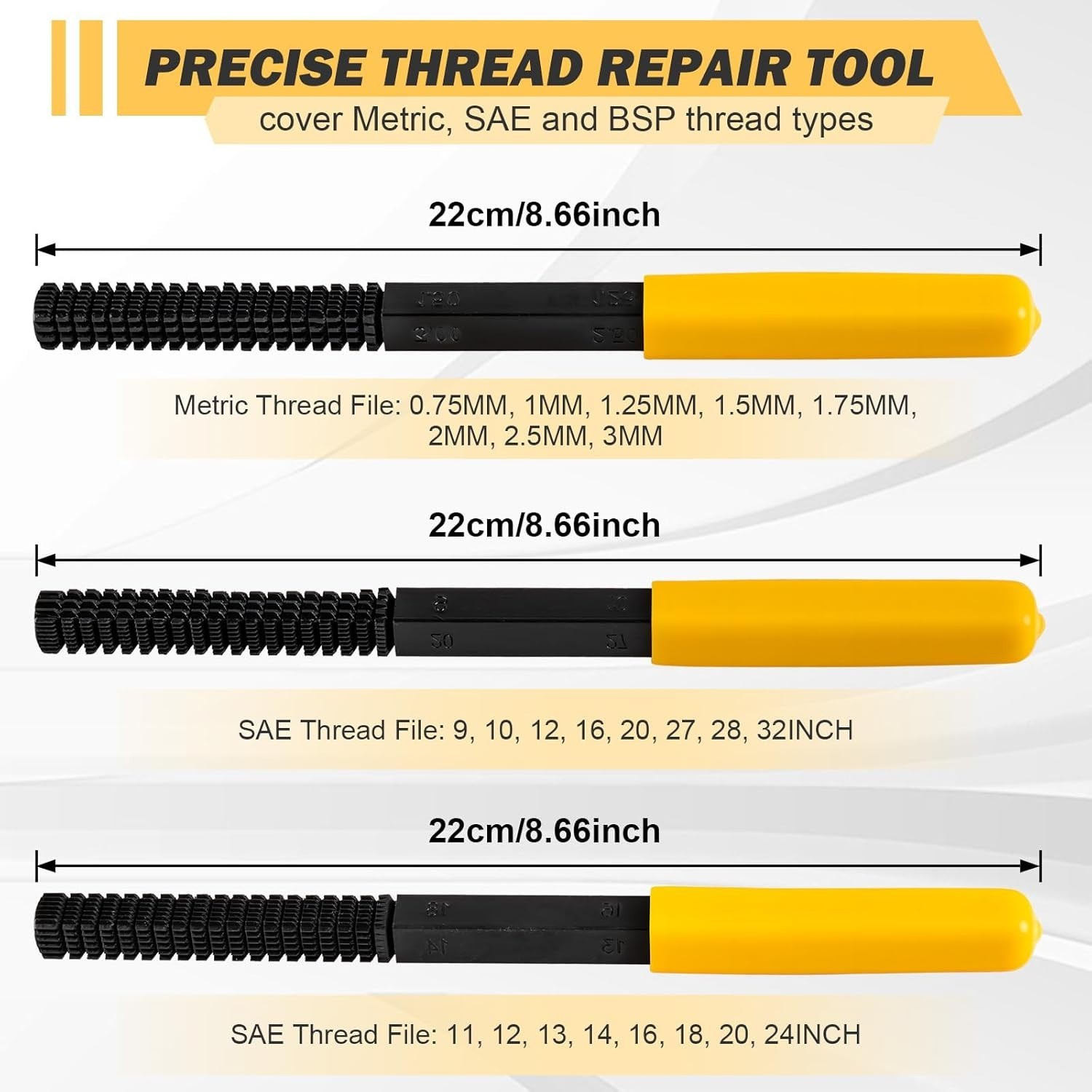 3-Piece Thread Restorer File Set, High Carbon Steel Metric & SAE Repair Tools