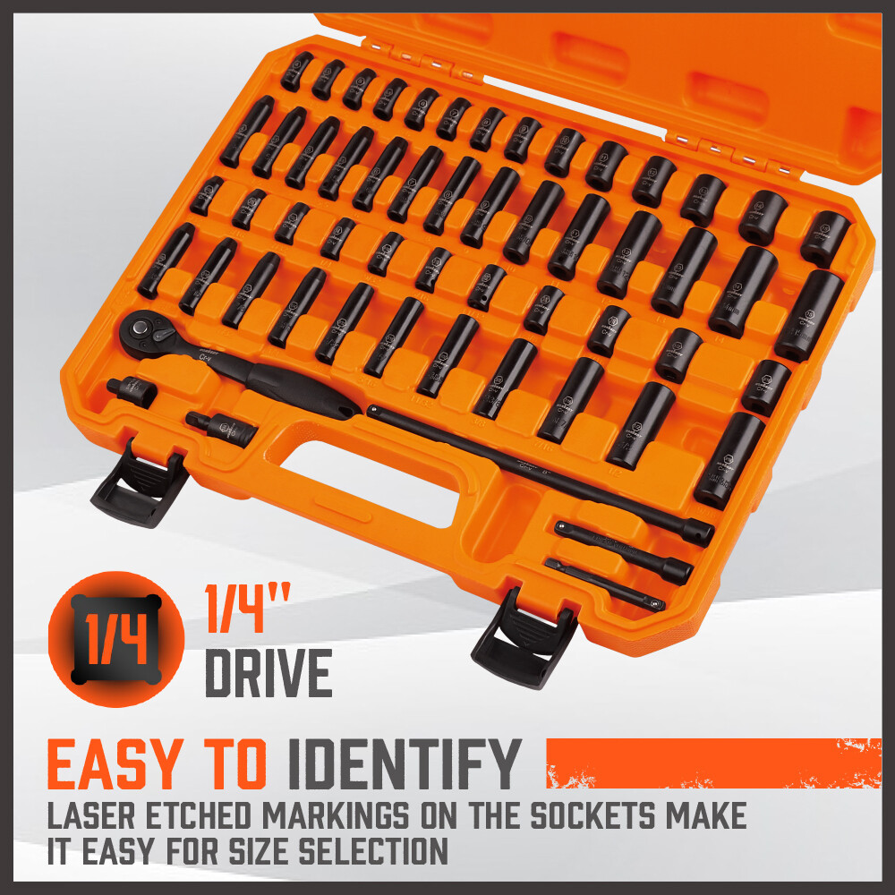 56Pcs 1/4″ Drive Impact Deep Socket Set Extension Bar Universal Joint SAE Metric