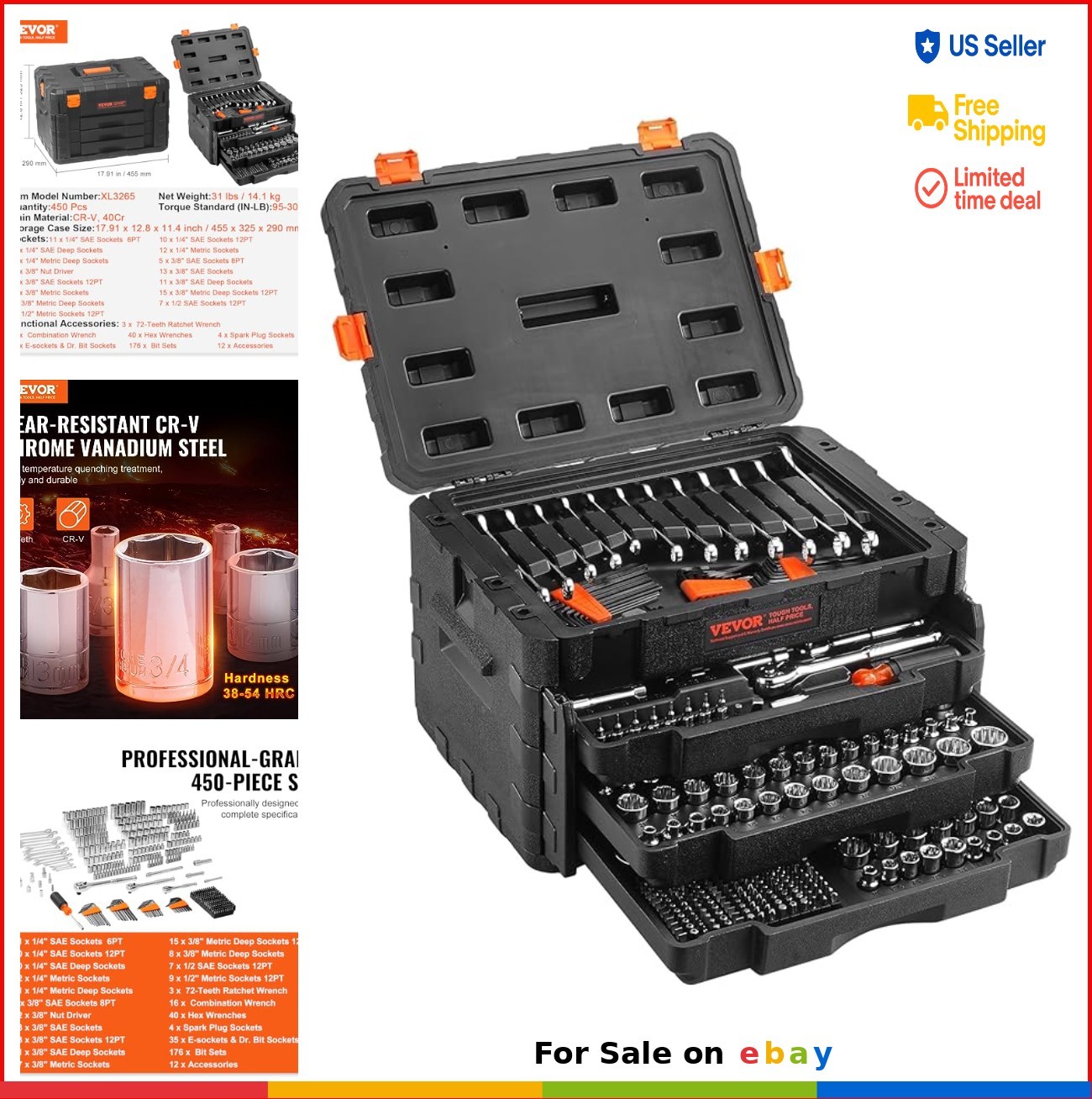Mechanics Socket Set 450 Pcs 1/4 3/8 1/2 Drive Deep Standard SAE Metric Tool