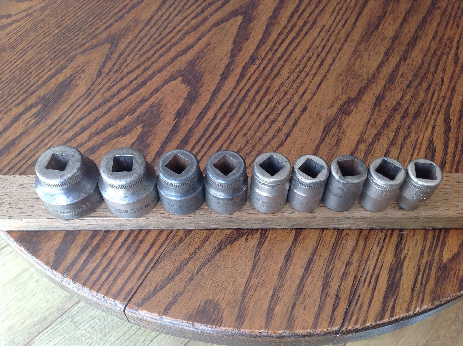 9 Vintage VBW German AF Sockets With 1/2″ Drive 1-1/4″ To 7/16″AF.