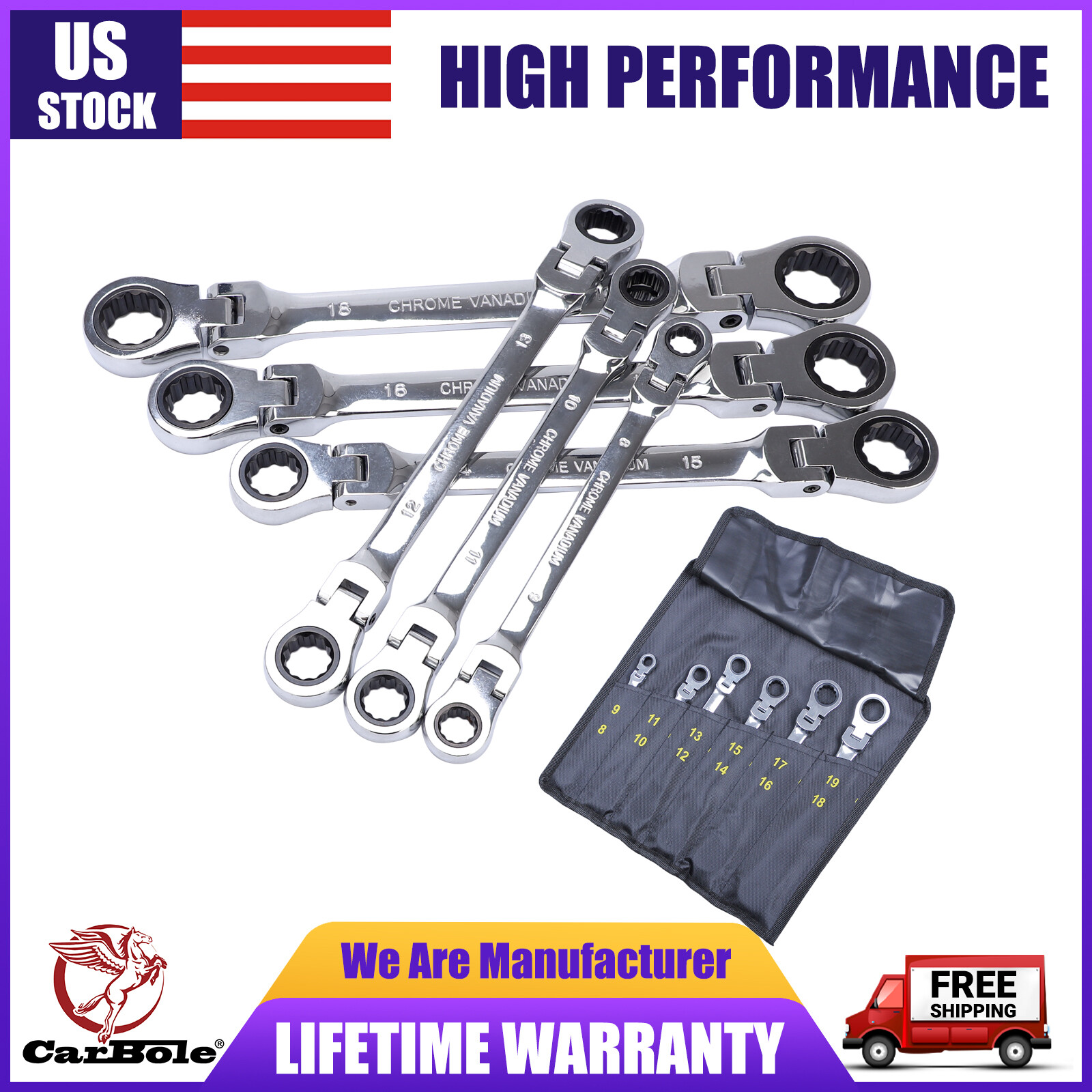 Double Box End Ratcheting Wrench Flex-Head Extra Long 6 PCS Spanner Set Metric