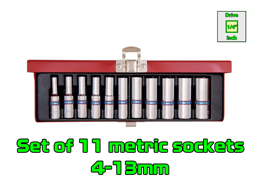 Set of 11 pcs 1/4” Drive 6 Point Deep Metric Standard Socket Set 4 – 13mm 6pt