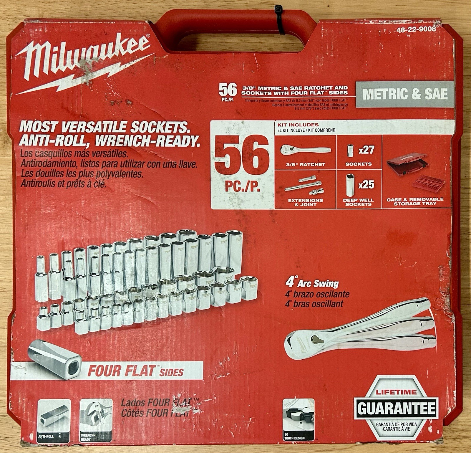 Milwaukee 3/8″ Drive 56pc Ratchet & Socket Set FOUR FLAT SIDES 48-22-9008 NEW