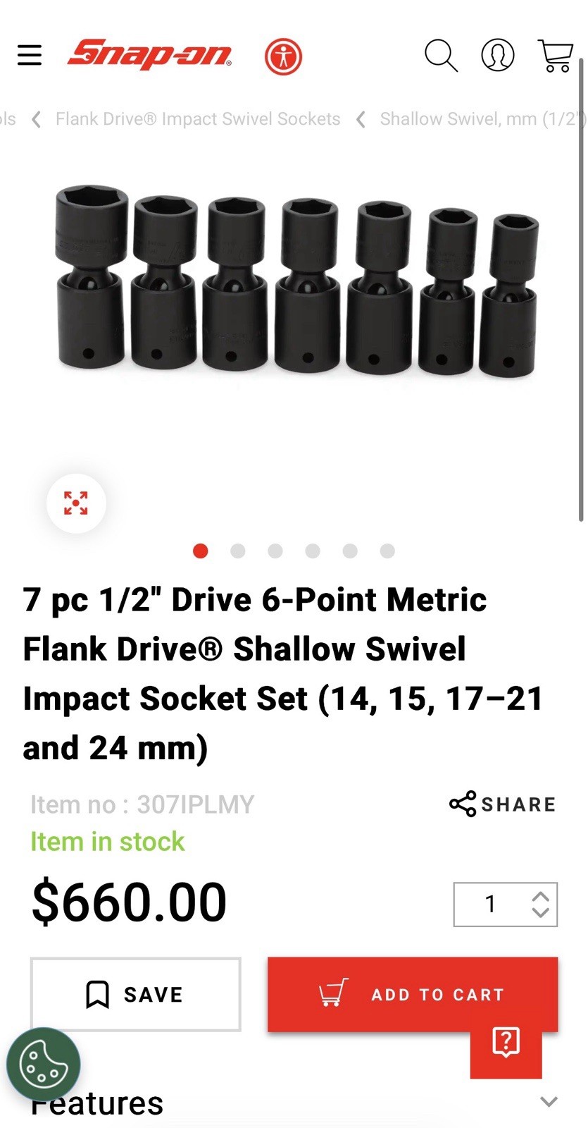 Snap On 1/2inch 14-24mm Swivel Socket Set. PLUS 1/2inch 13mm. USED-GOOD CONDITIO