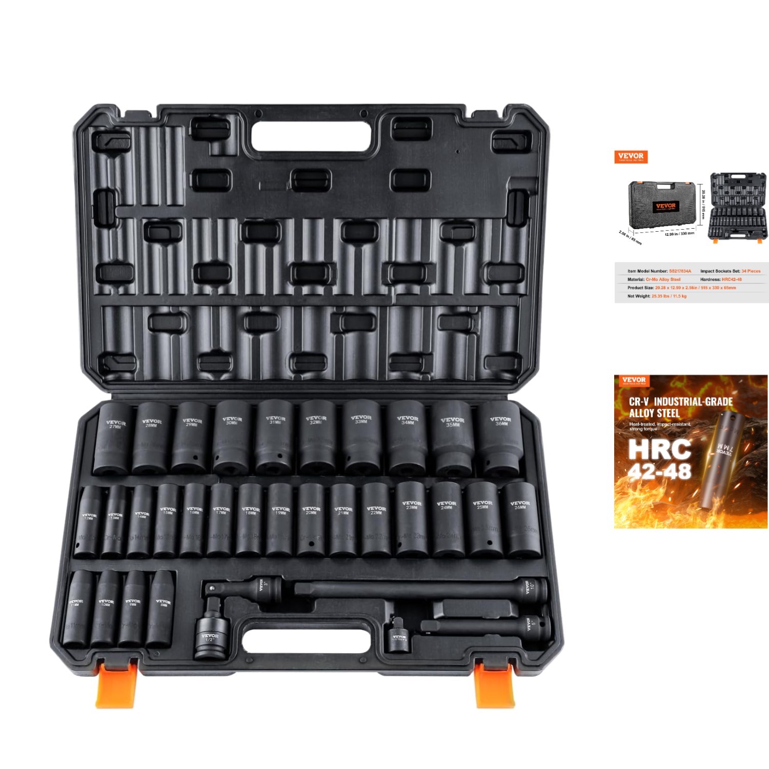 High Torque 34-Piece Cr-MO 1/2″ Drive Socket Set with Laser-Etched Size Markings