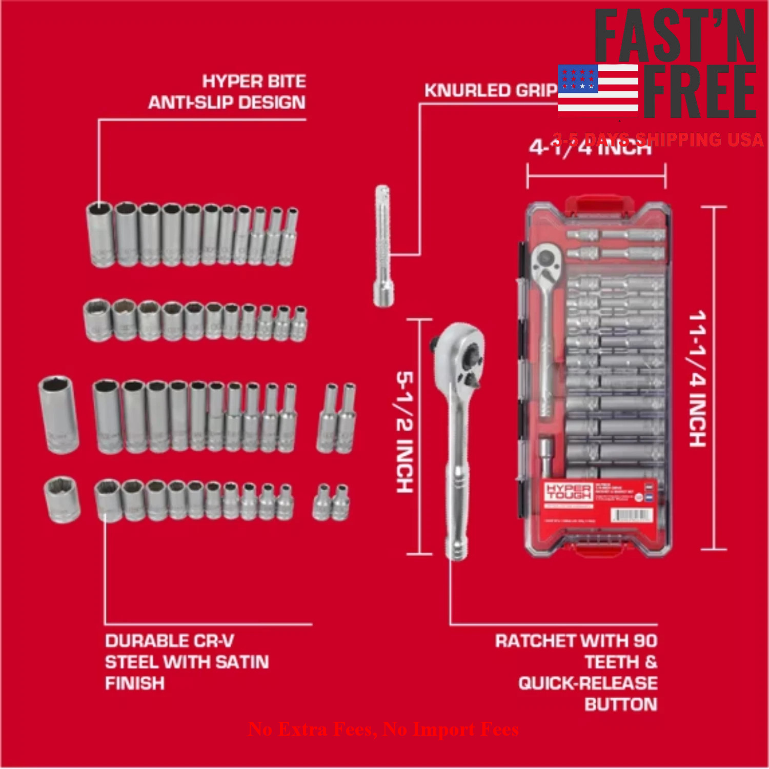 Hyper Tough 1/4-Inch Drive Ratchet and Socket Set SAE and Metric 50 Pieces