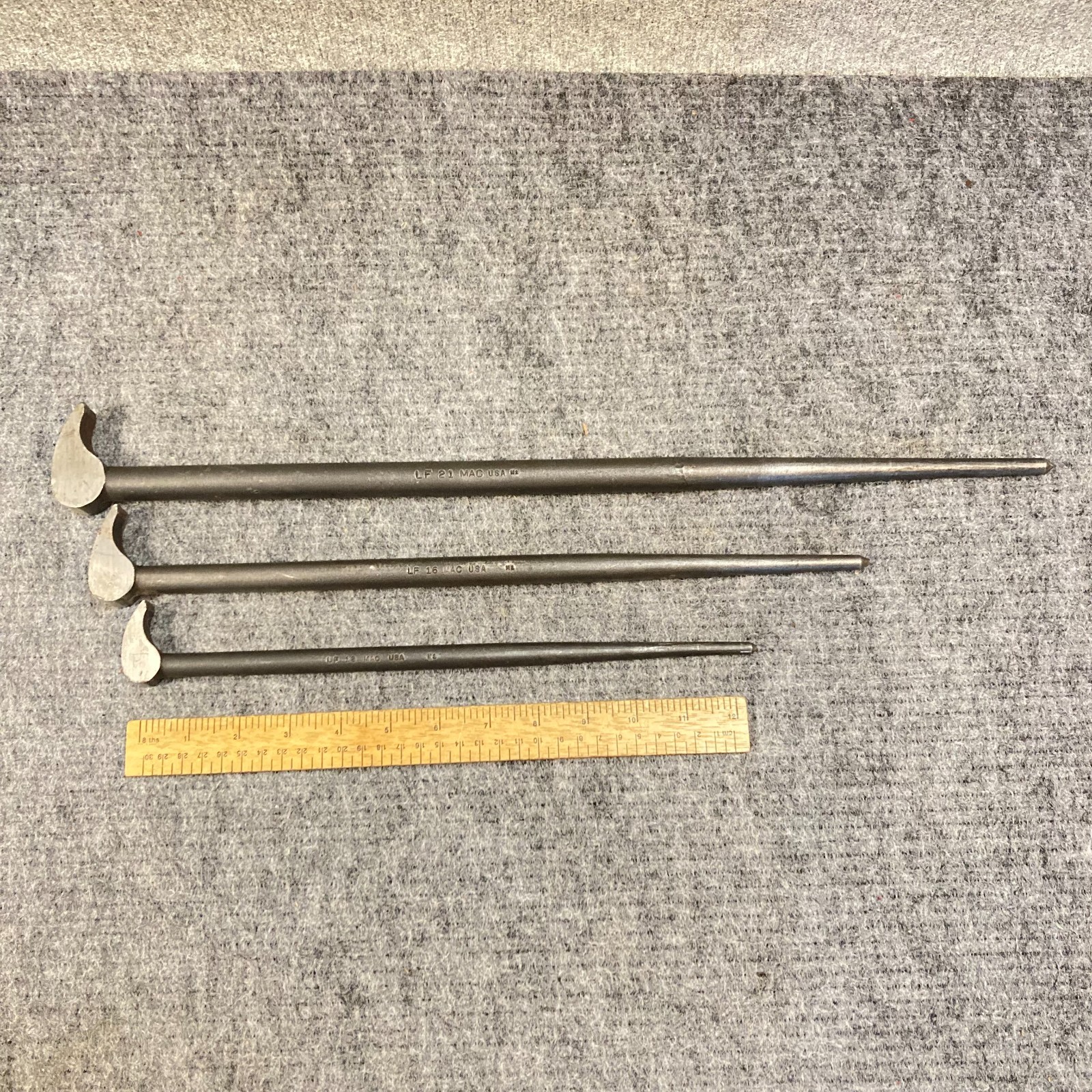 Vintage Mac Pry Bar Set 3 Pc Line Up Tool Rolling Lady Foot LF 21 LF16 LF12 USA