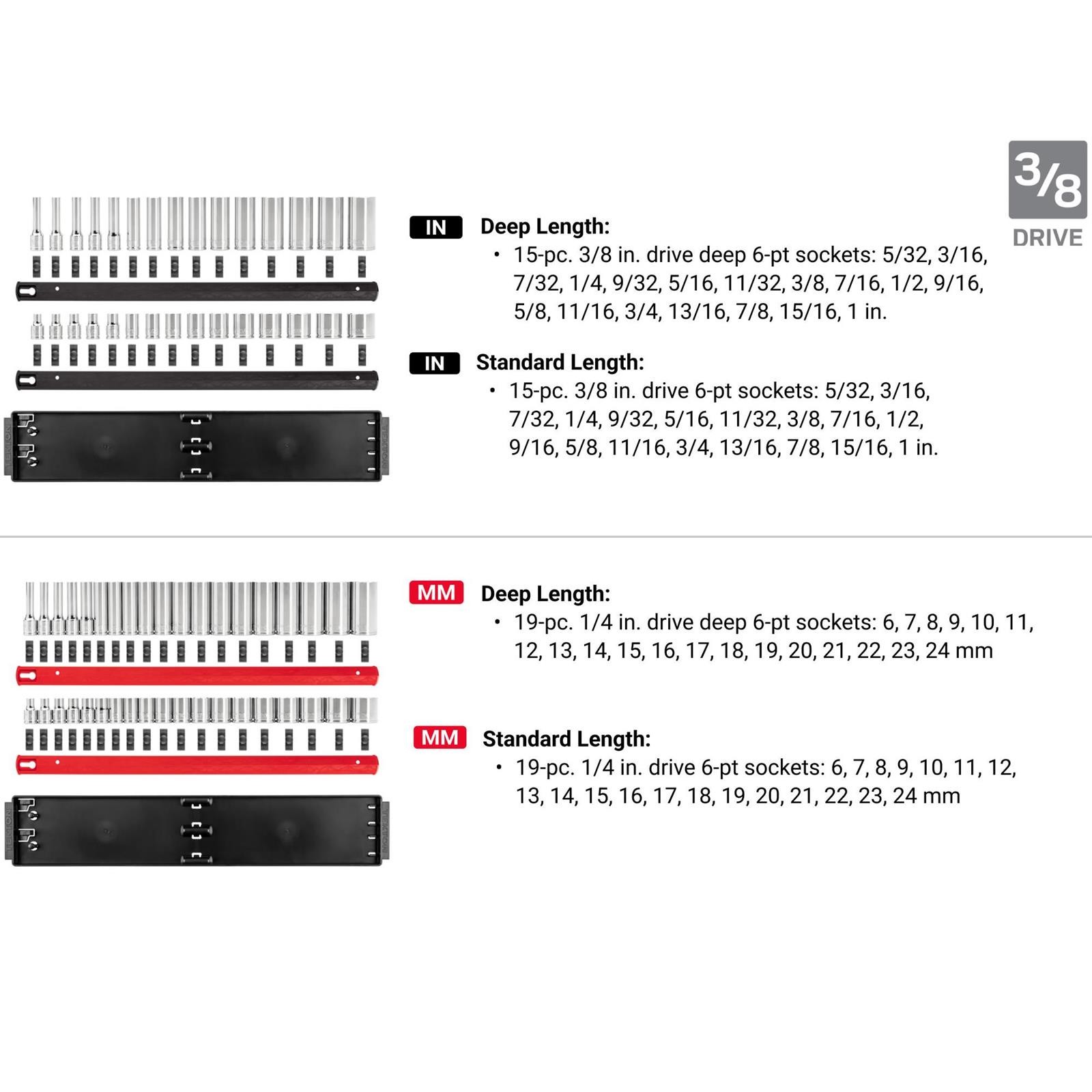 Tekton SHD99202 6-Point Socket Set with Rails/Trays