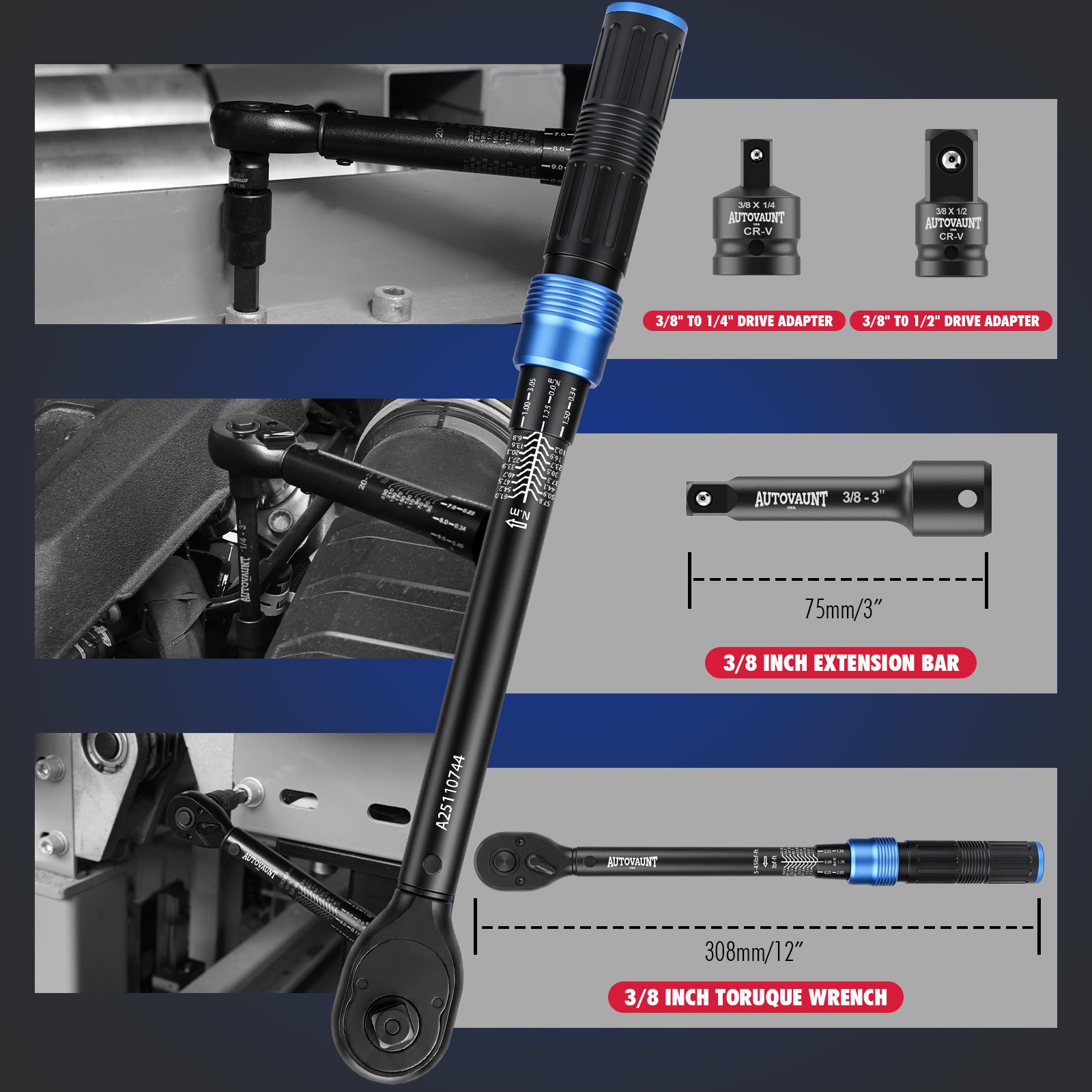 3/8″ Drive Click Torque Wrench Snap Socket Ratcheting 10~80 FT-LB/13.6~108.5N-M