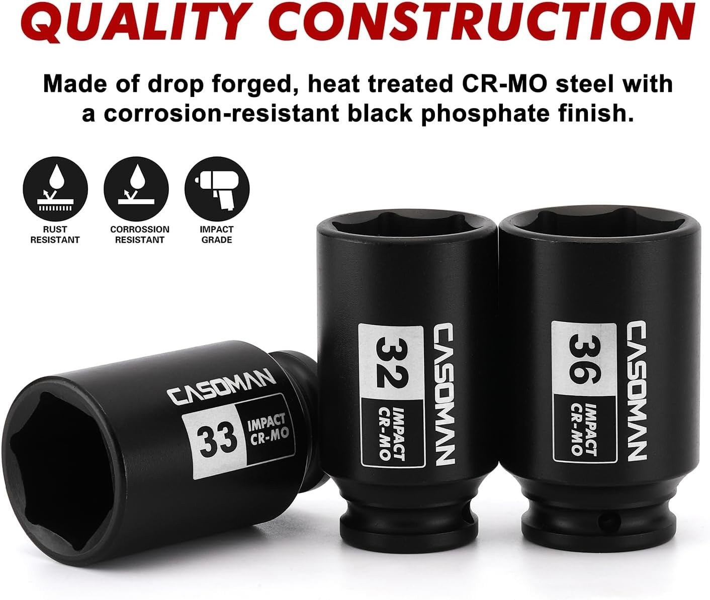 1/2» Drive Deep Spindle Axle Nut Impact Socket Set, 6 Point, CR-MO,32,33,35,…