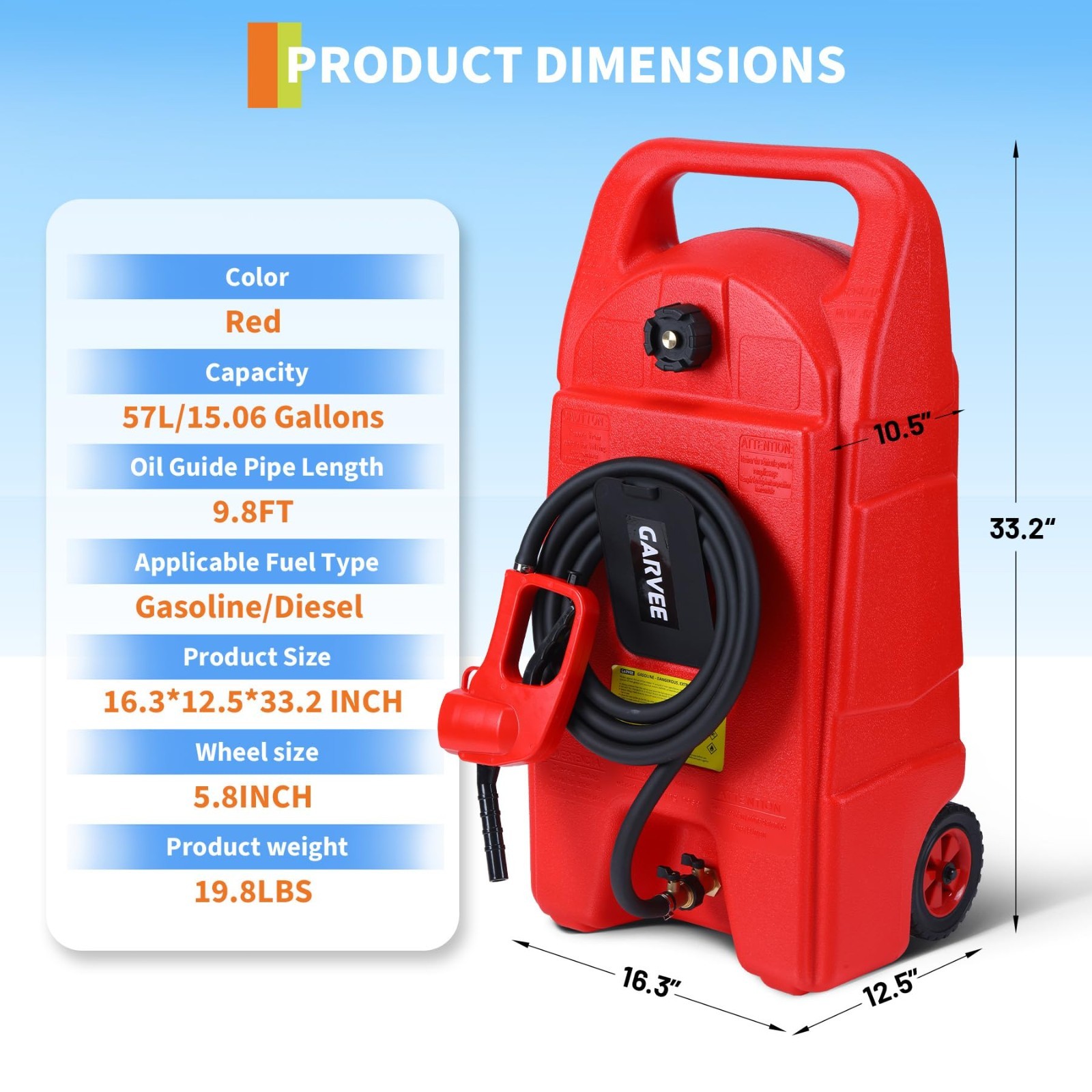 Portable Fuel Tank 15 Gallon with Pump Rubber Tires Gas Caddy Lawn Mower Tool