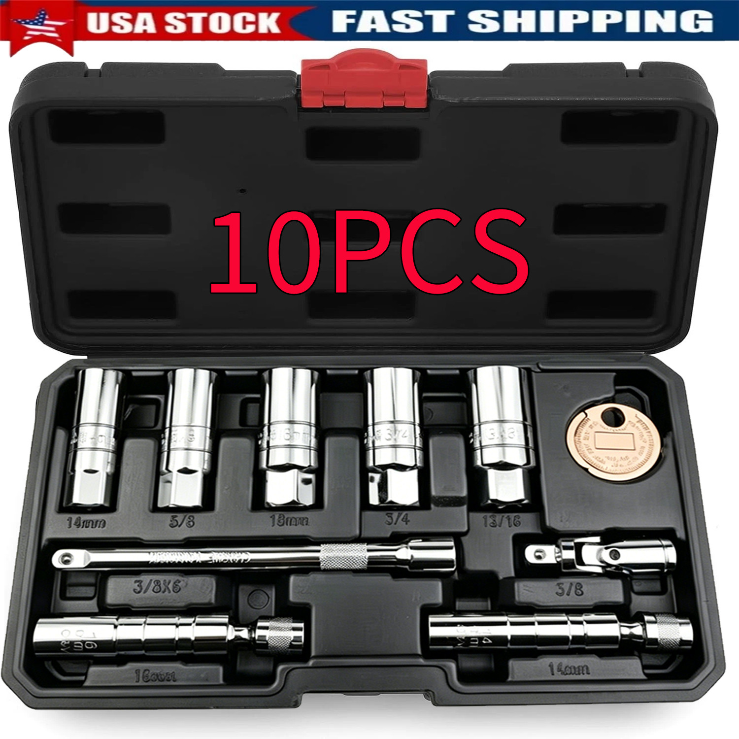 10PCS 3/8″Drive Magnetic Spark Plug Socket Set 6PT&12PT Extension Bar CR-V Steel