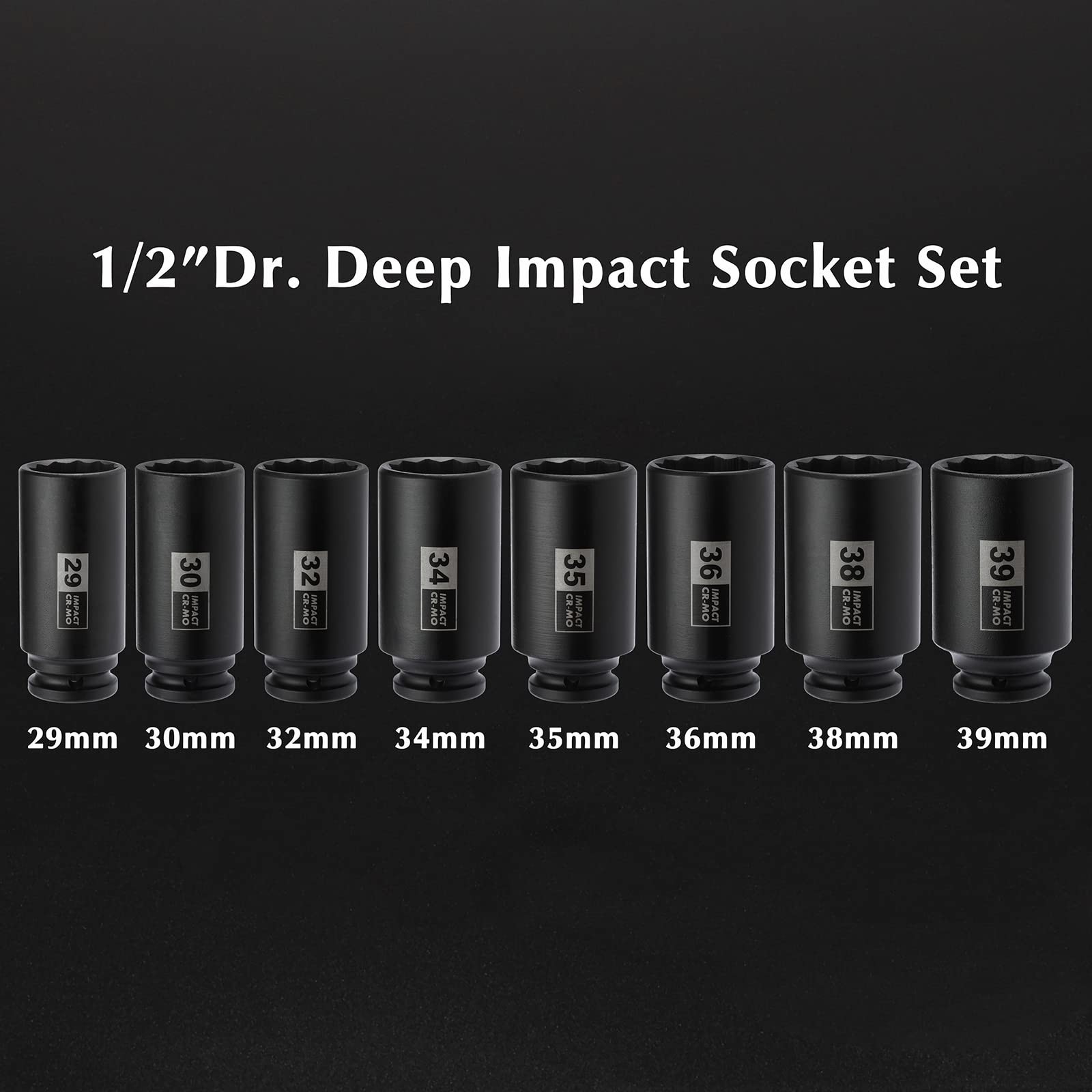 8PCS 1/2″ Drive Deep Metric Impact Socket Set, 12 Point Axle Nut, CR-MO, 29-39mm