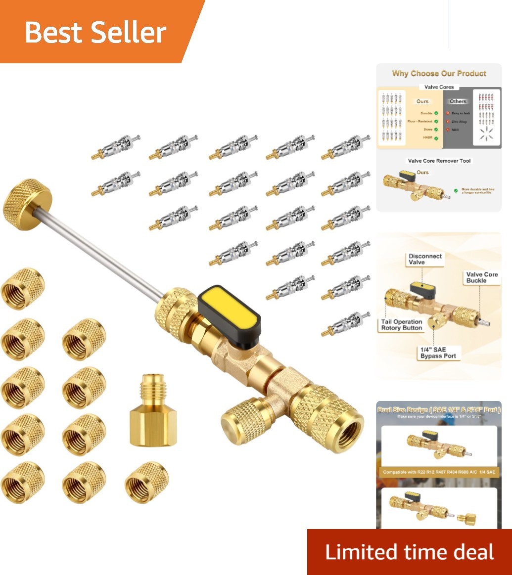 Durable Brass Valve Core Tool Set with 20 Valve Cores & 10 Brass Nuts Included