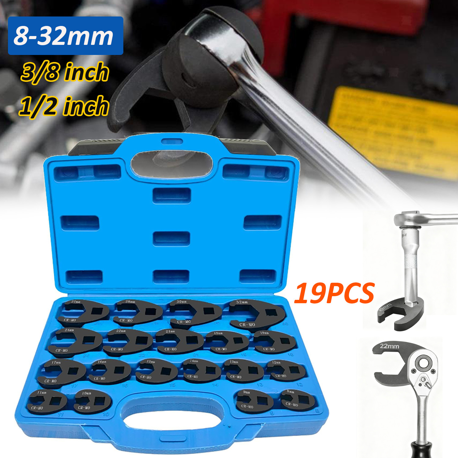 19PCS Crows foot Wrench Set 1/2″ and 3/8” Drive Flare Nut Crowfoot Wrench Set