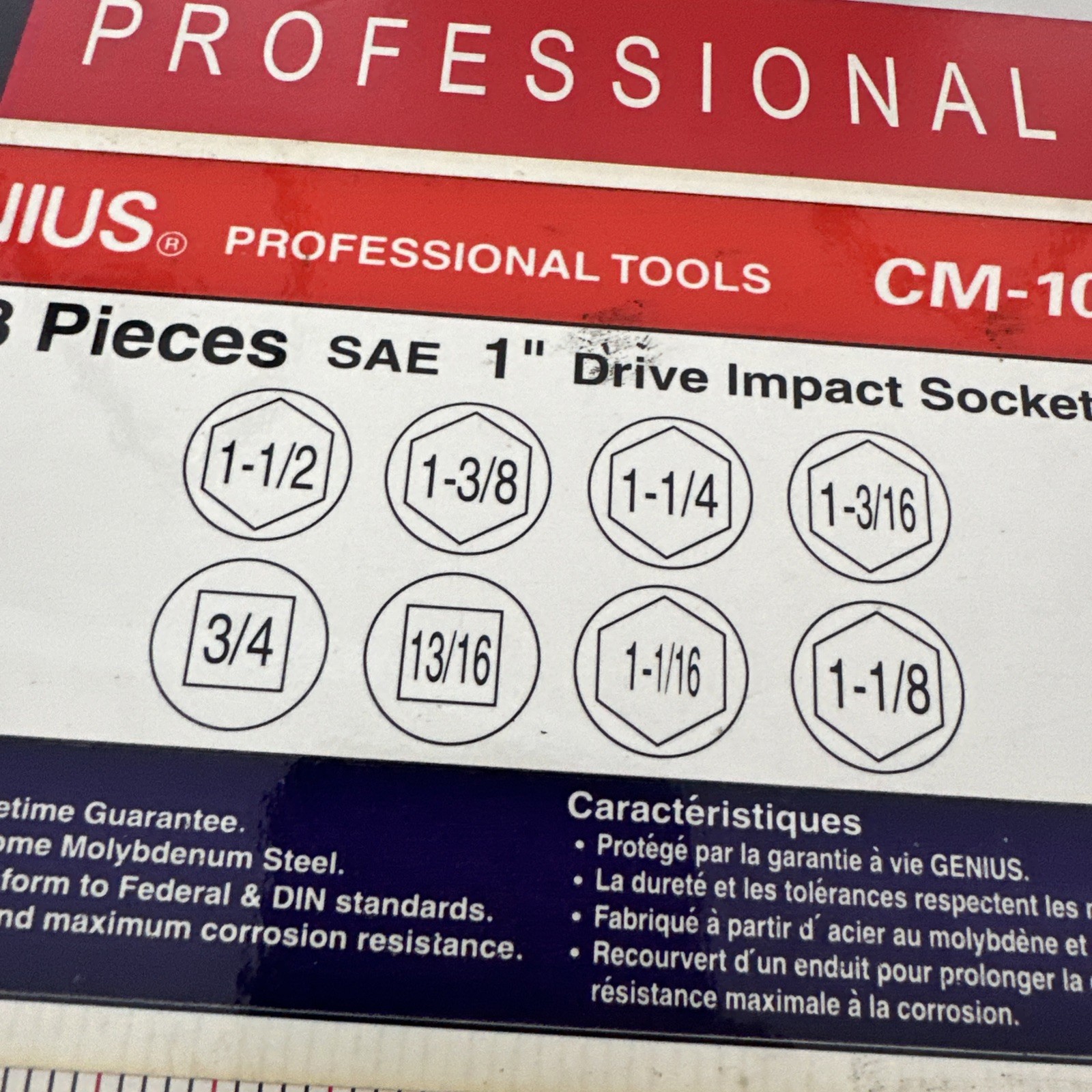 Genius CM 108S3 1″ Drive 8 Pc. Deep SAE Impact Socket Set to 3/4” To 1-1/2″ New