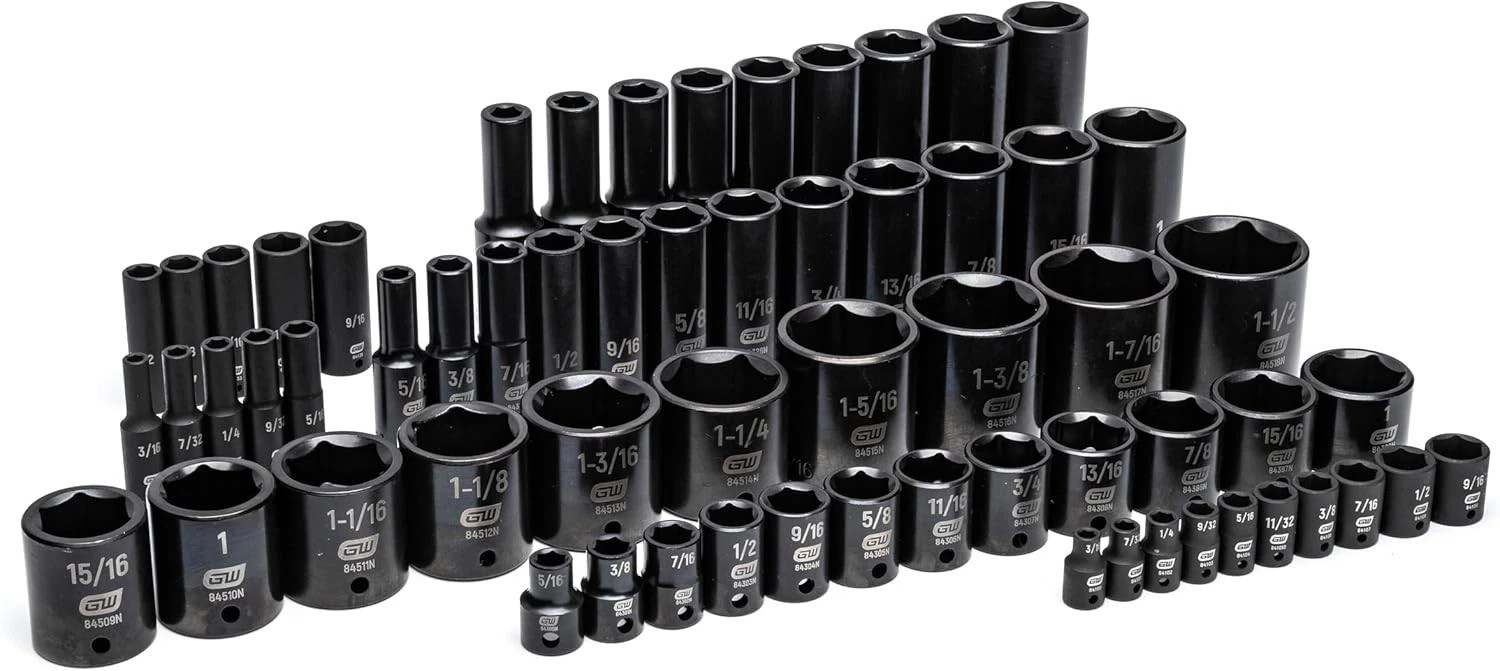 63 Piece 1/4”, 3/8”, 1/2” Drive 6 Point SAE Impact Socket Set in Foam Storage…