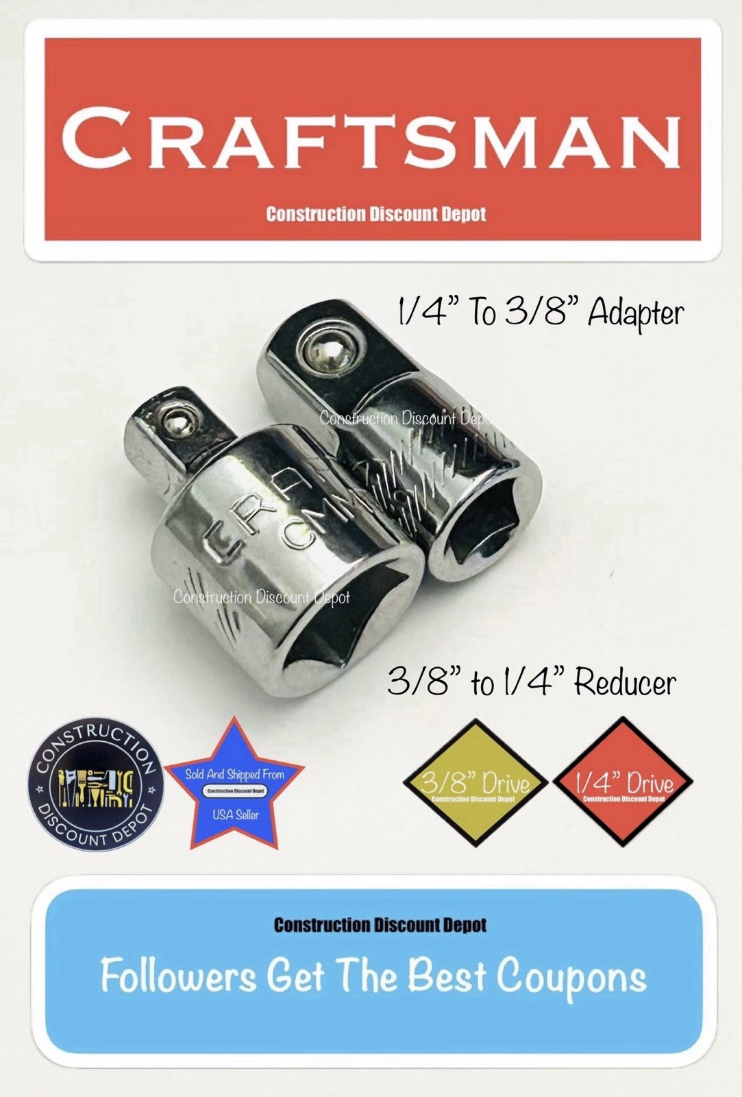 Set of 2 CRAFTSMAN 3/8″ To 1/4″ & 1/4″ to 3/8″ Drive Socket Adapter And Reducer