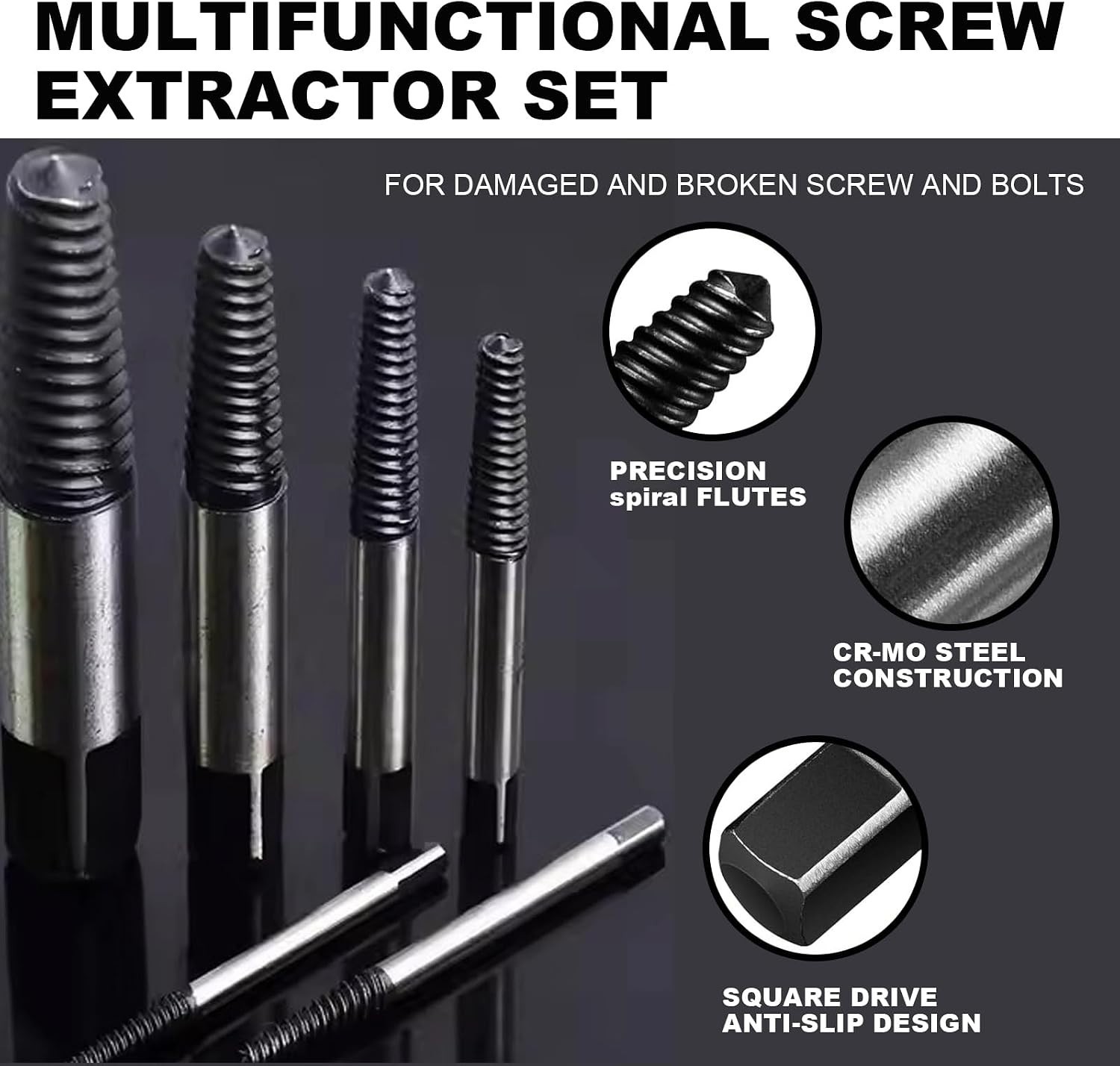 6 pcs screw extractor set, made of Cr-Mo, bolt extractor, spiral groove bolt …