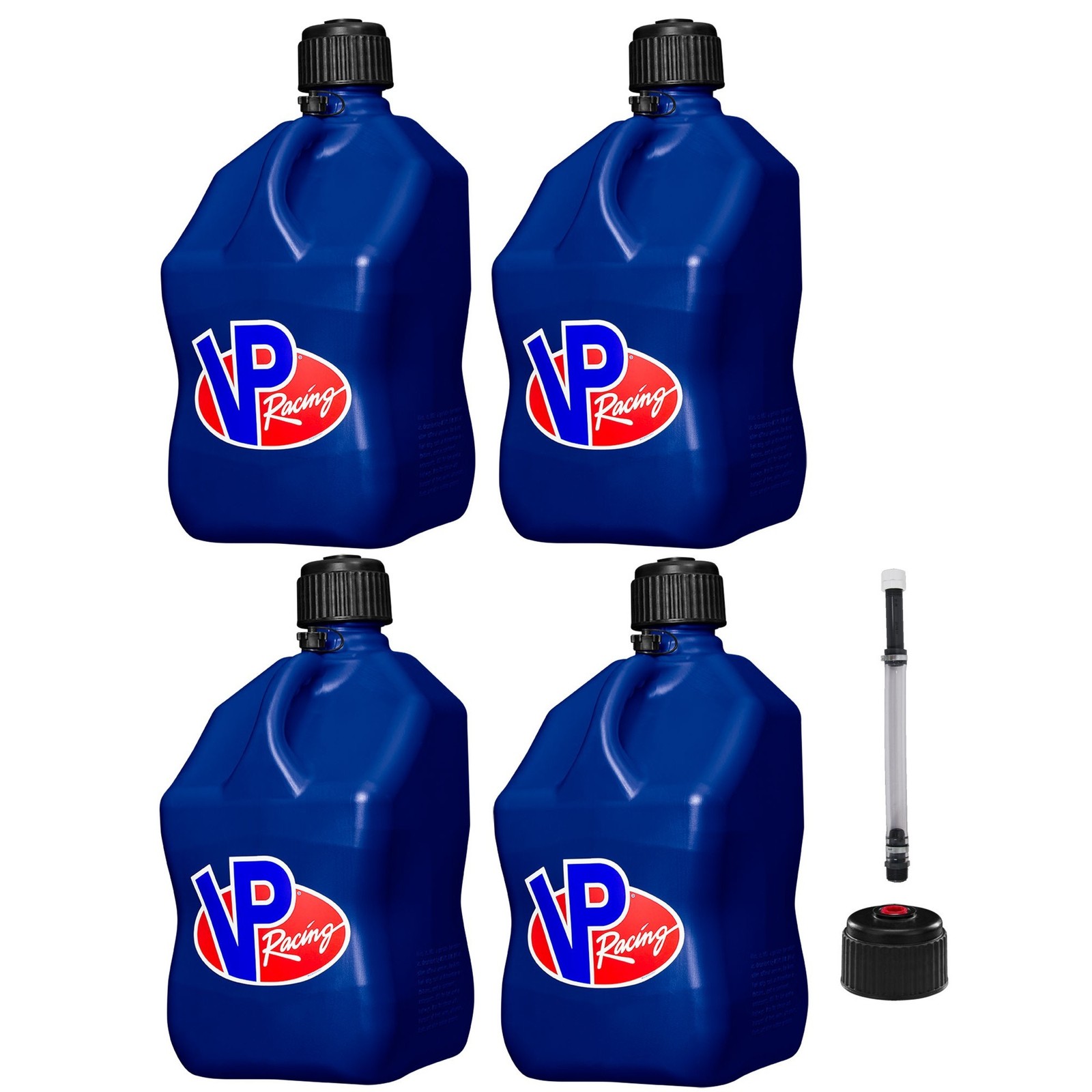 VP Racing Square Fuel Jug 5 Gallon Blue x 4 – With Spare Cap and Filler Hose