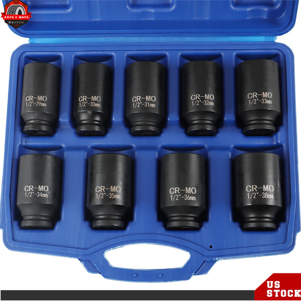 9pc Deep Impact Socket Set 1/2″ Drive Metric Axle Hub Nut Sockets 29-38mm w/Case