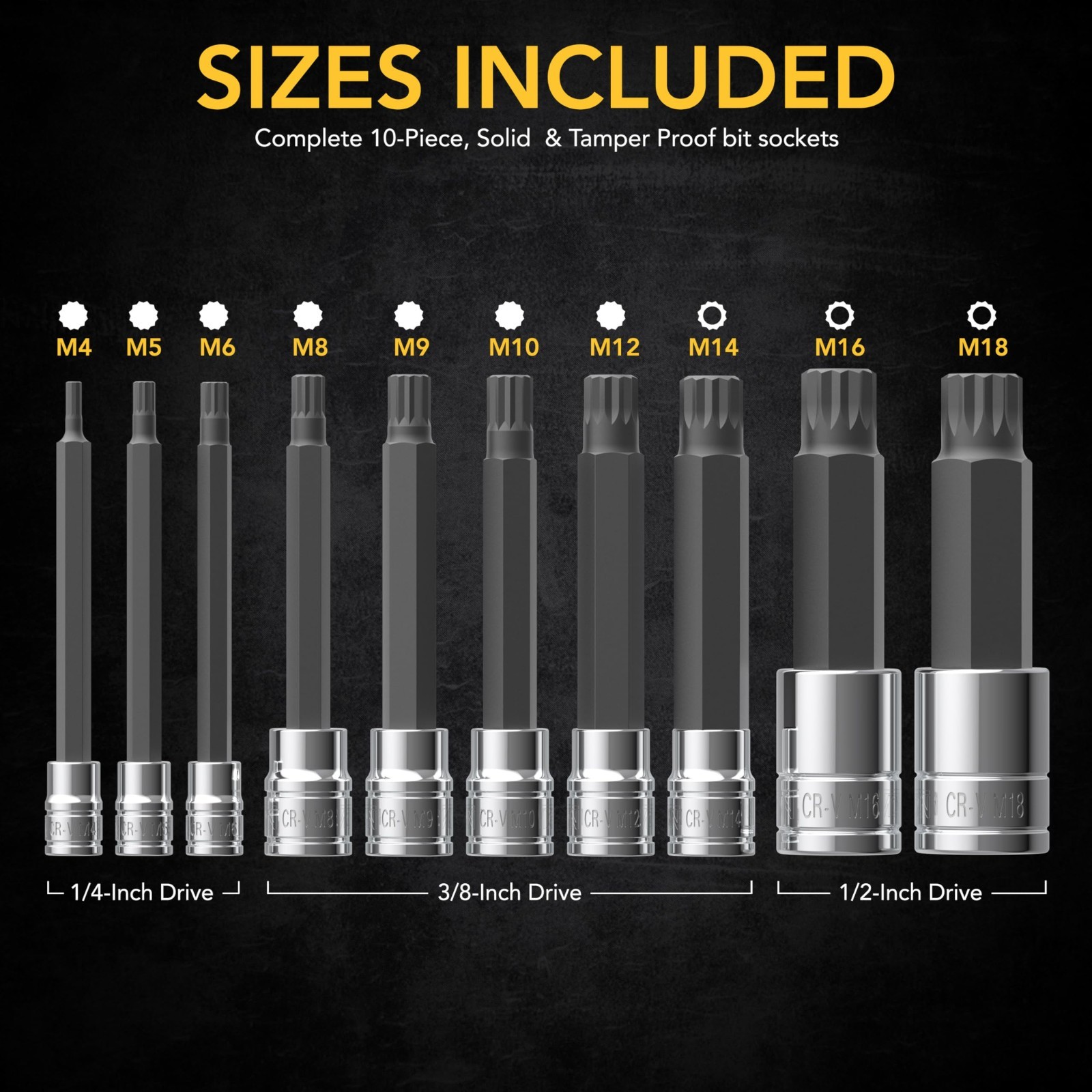 10-Piece Extra Long Triple Square Spline Bit Socket Set | M4-M18 | Premium S2 St
