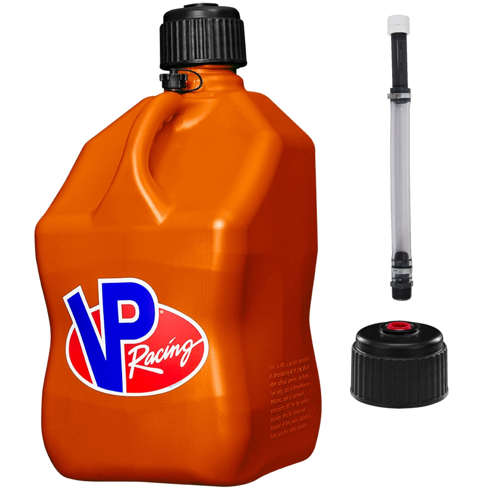 VP Racing Square Fuel Jug 5 Gallon Orange – With Spare Cap and Filler Hose