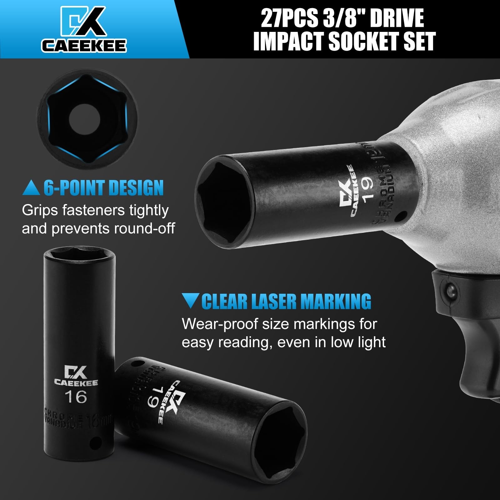 27PCS 3/8″ Drive Metric Impact Socket Set, Deep & Shallow, 7mm-19mm, 6-Point, Cr