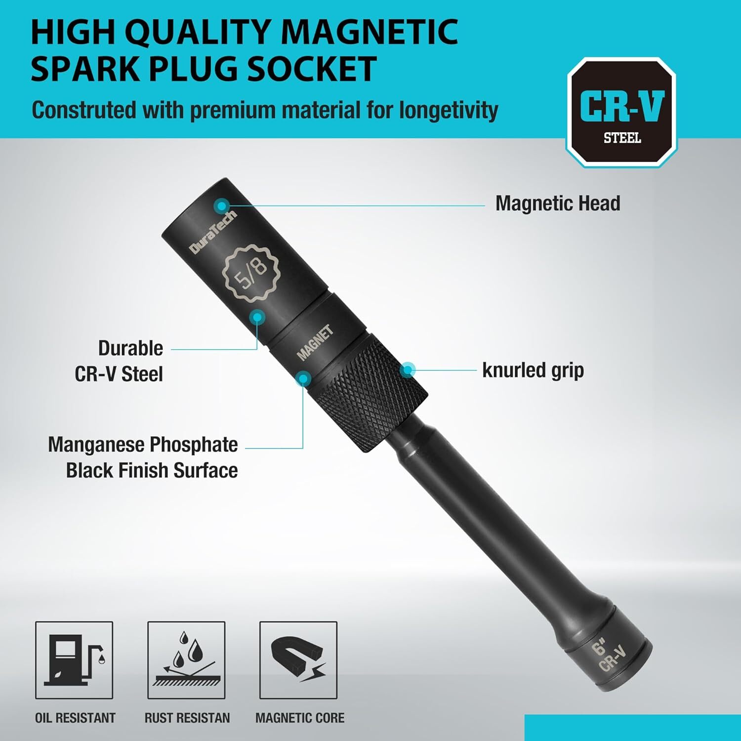 5/8 inch Swivel Magnetic Spark Plug Socket with 12-Point 3/8″ Drive x6″ NEW