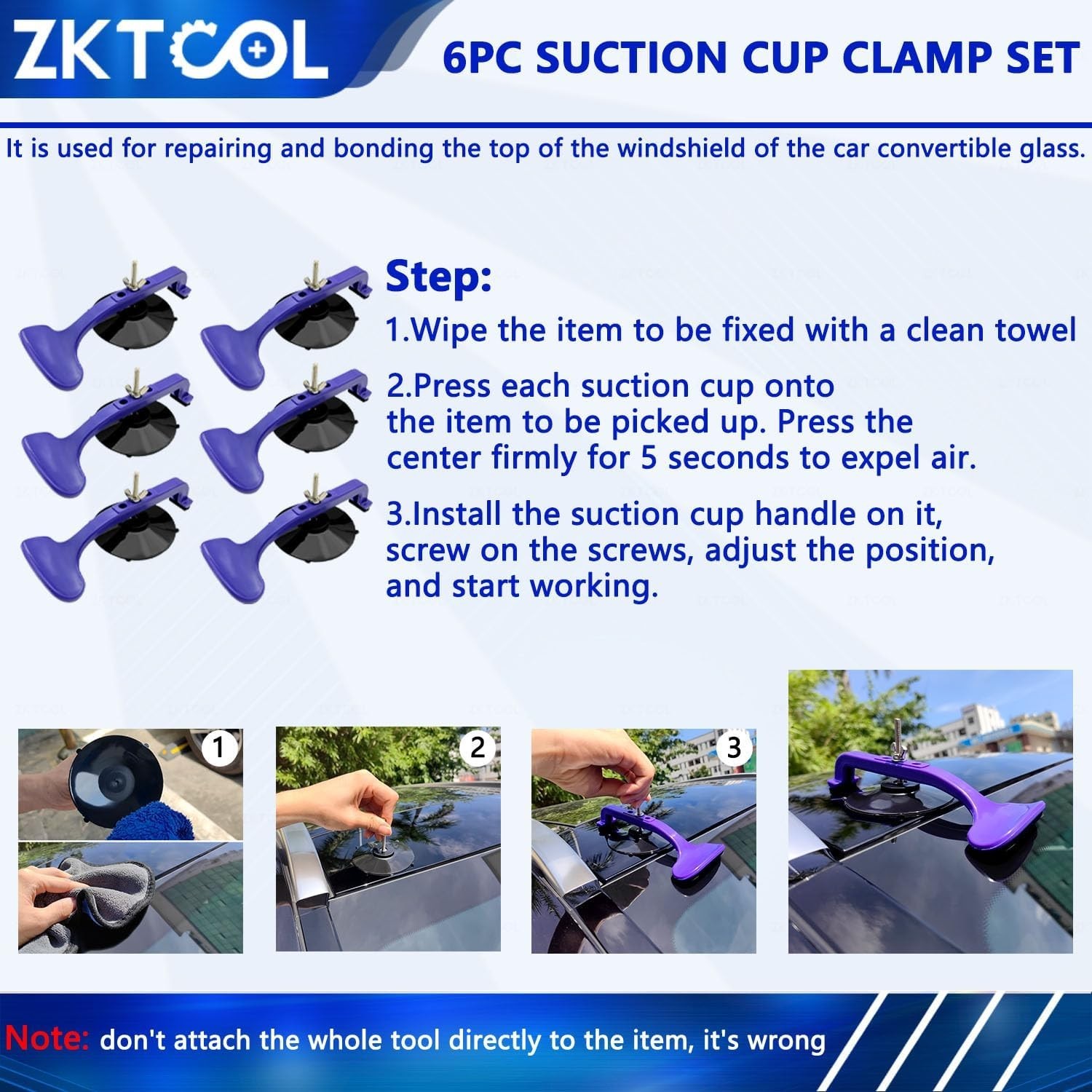 6PC Suction Cup Clamp Set Convertible Top Windshield Glass Repair Gluing Kit New