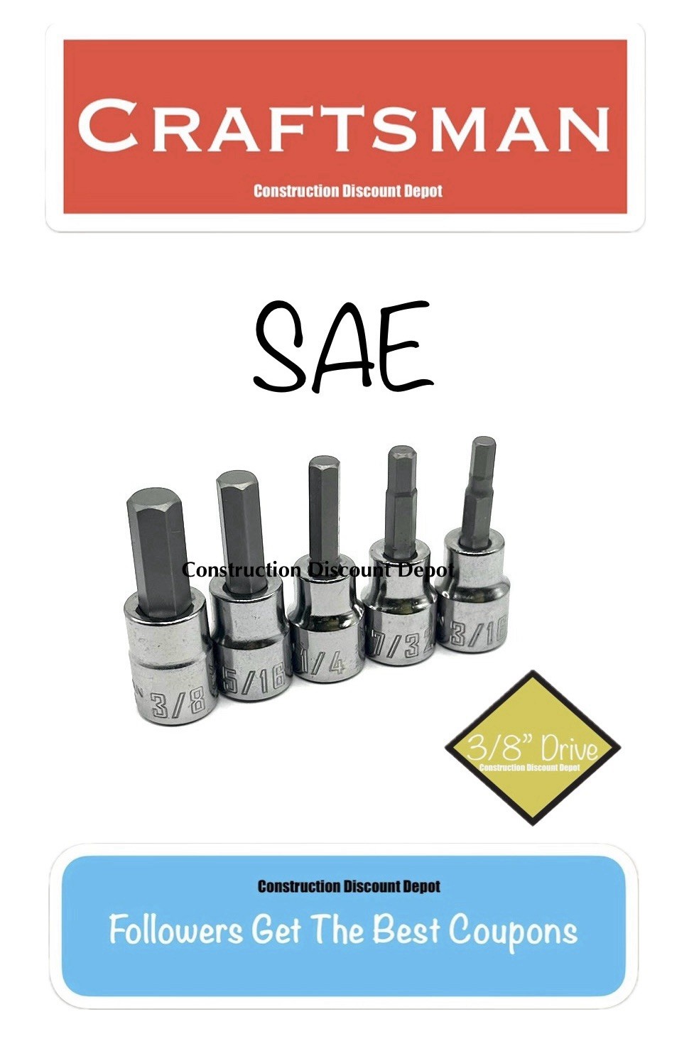 Craftsman 5 Piece SAE INCH Hex Allen key bit 3/8″ Drive Socket Set