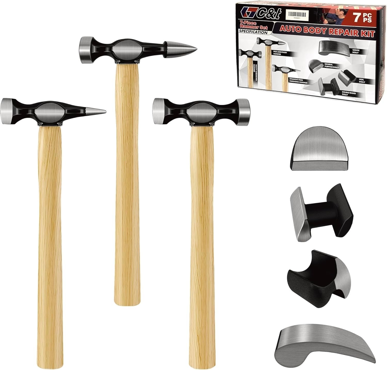 7 PC Auto Body Fender Repair Tool Hammer & Dolly Set Auto Body Repair Tool Kit