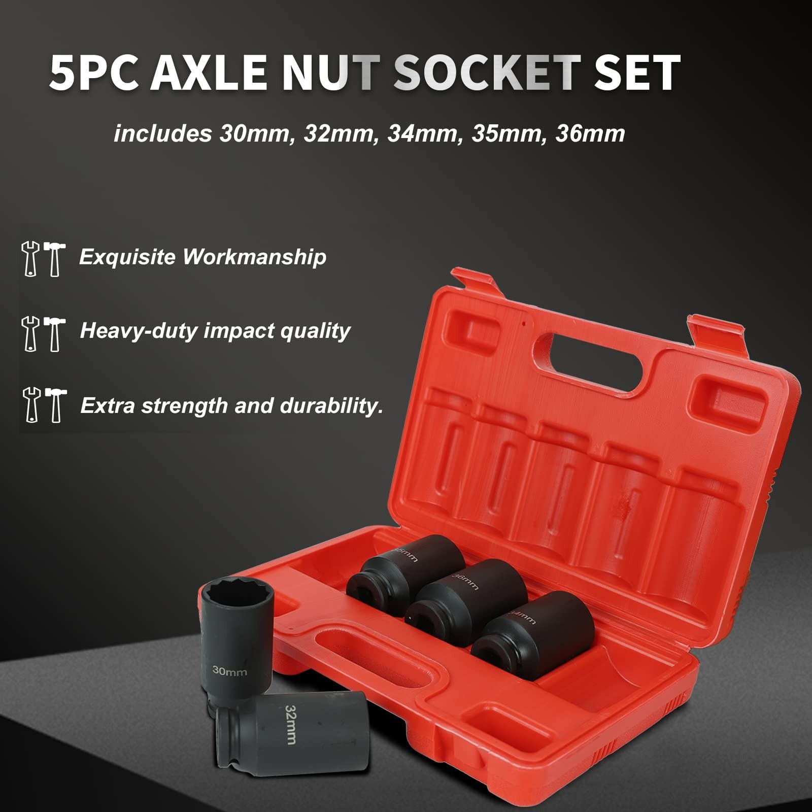 5pc 1/2″ Drive 12 Point Drive Deep Spindle Axle Nut Socket Set 30mm 32mm 34mm…