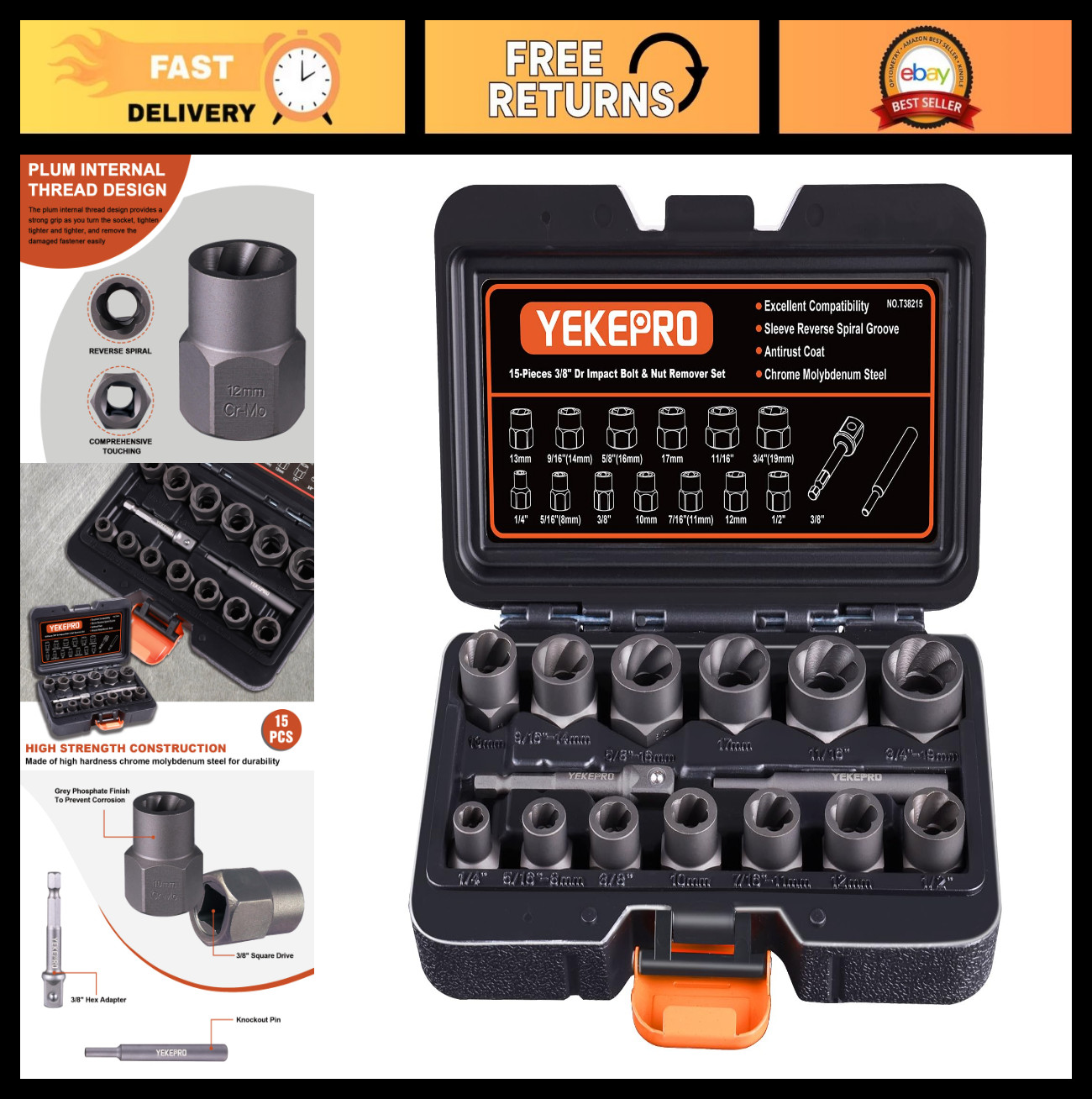 15 PCS Bolt Extractor Set – 3/8″ Drive Impact Tool for Stripped, Rusted & Damage