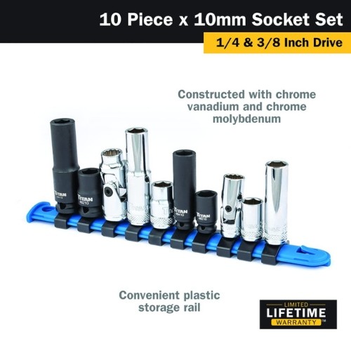 Titan 68660 10-Piece 10mm Socket Set, 1/4″ and 3/8″ Drive, Chrome Vanadium