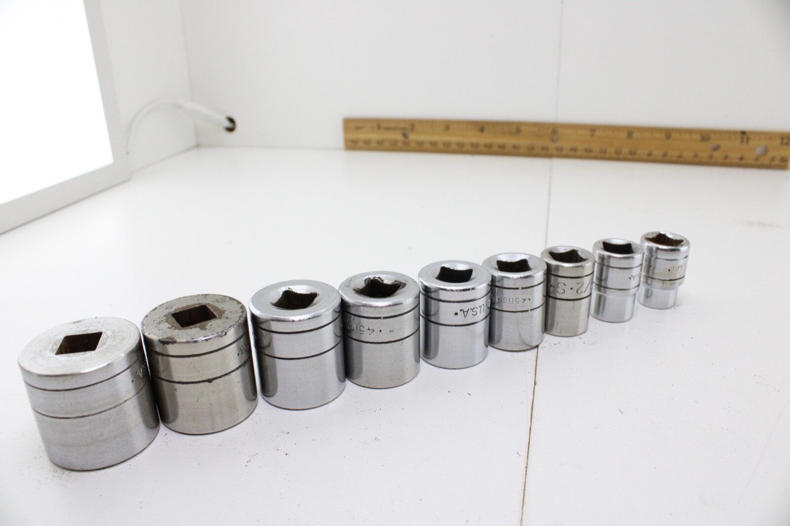 S-K Tools 45128-45112 USA 7/8″-3/8″ 9 Piece 12/6 Pt 3/8 DrSockets Good Cond