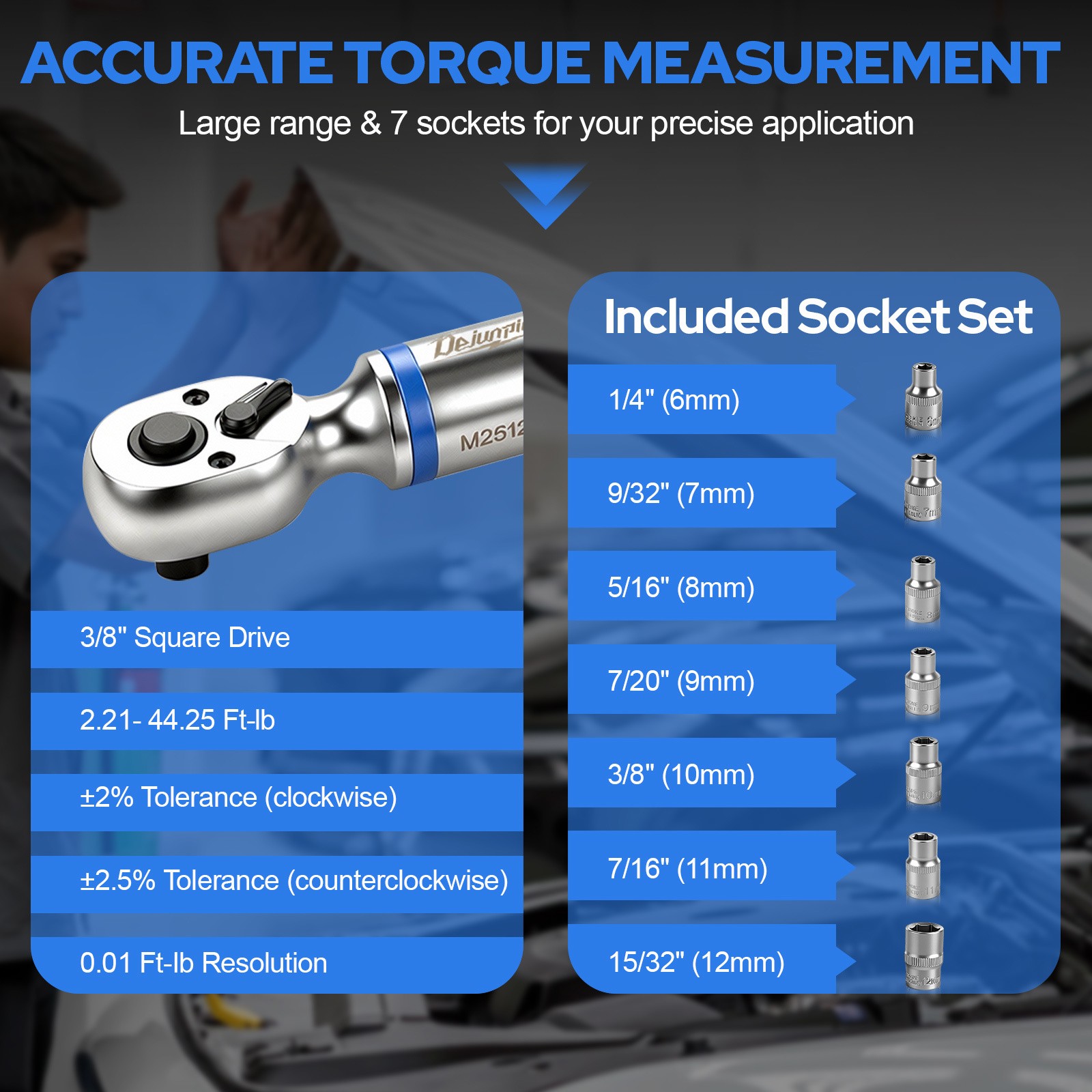 Digital Torque Wrench Set 3-60N.m 3/8″ 1/2″ Ratchet Wrench Tools W/ 7 Sockets