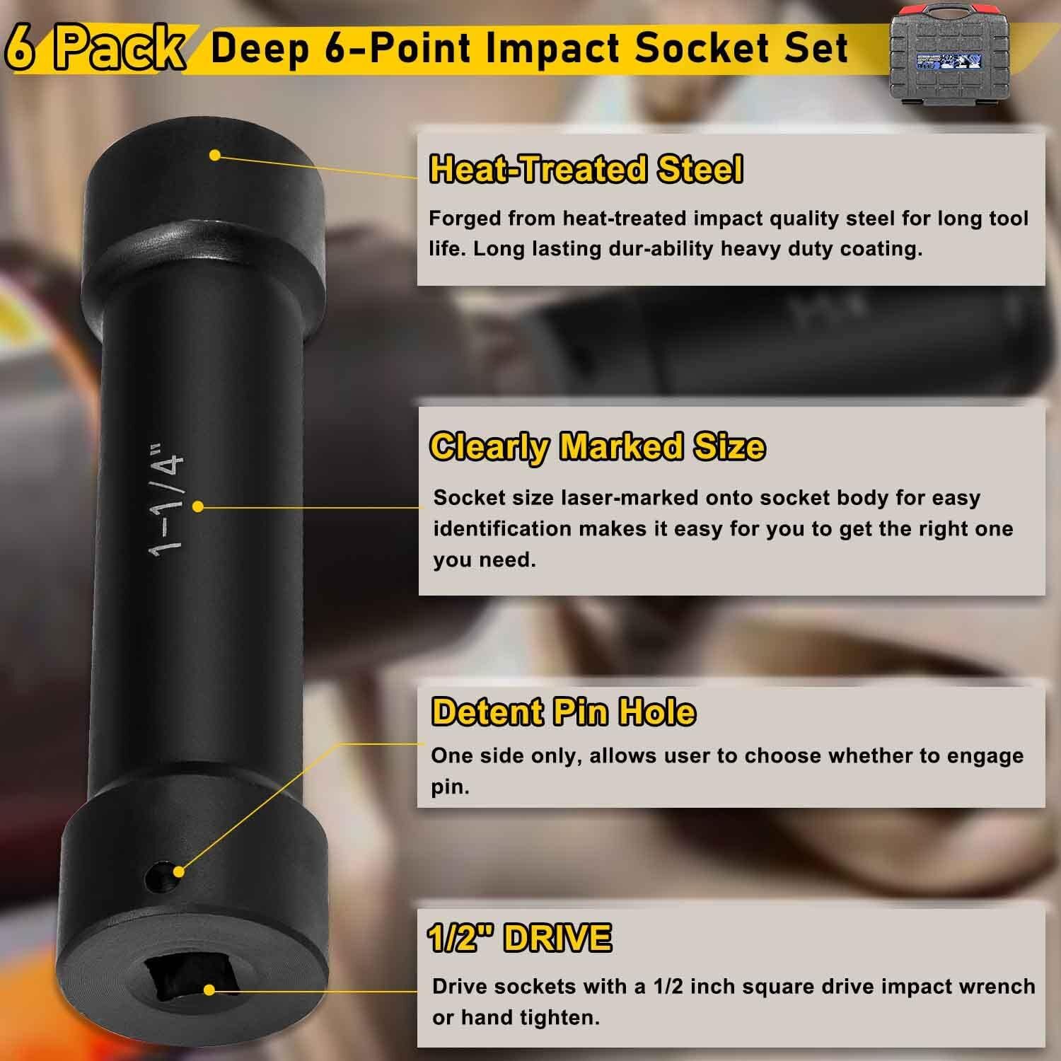 1/2» Drive Heavy Duty Extended Length Extra-Deep Length Impact Socket Set Black