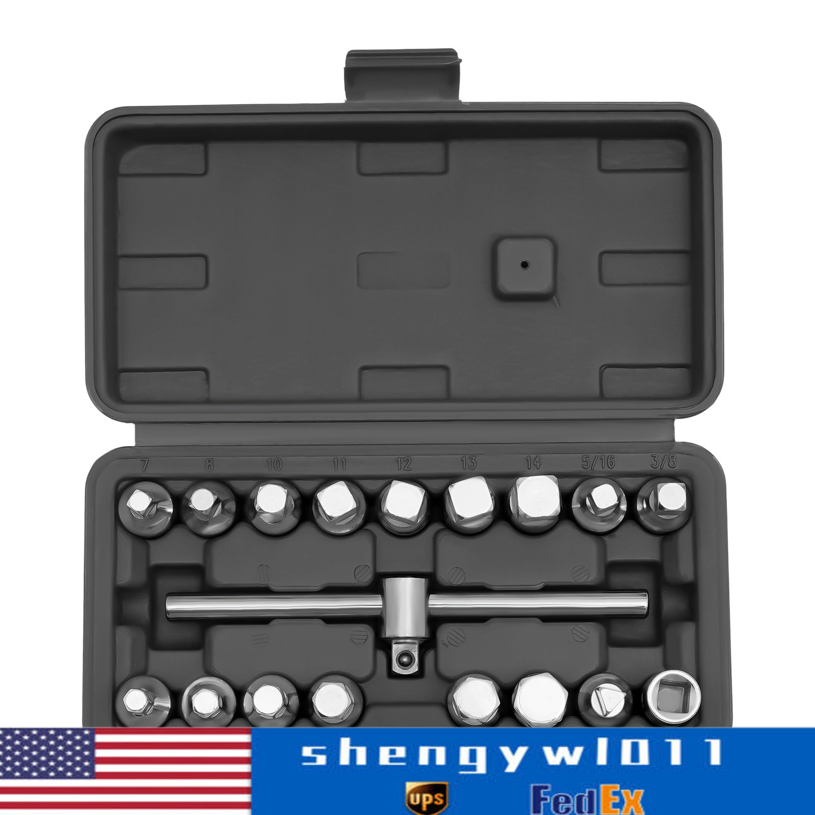 Oil Drain Pipe Plug Hexagon Square Socket Key Removal Tool Set 18Pcs 3/8»Drive