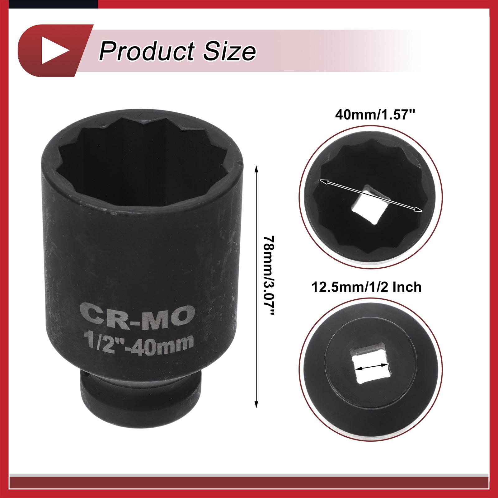 Universal 1/2 Inch Drive Impact Socket 40mm 12 Point High Carbon Steel 1 Pc
