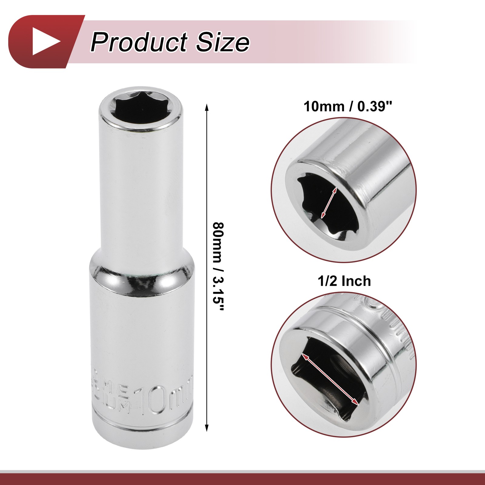 1/2 Inch Drive Impact Socket 10mm 6 Point Chrome Vanadium Steel 1 Pcs 80mm